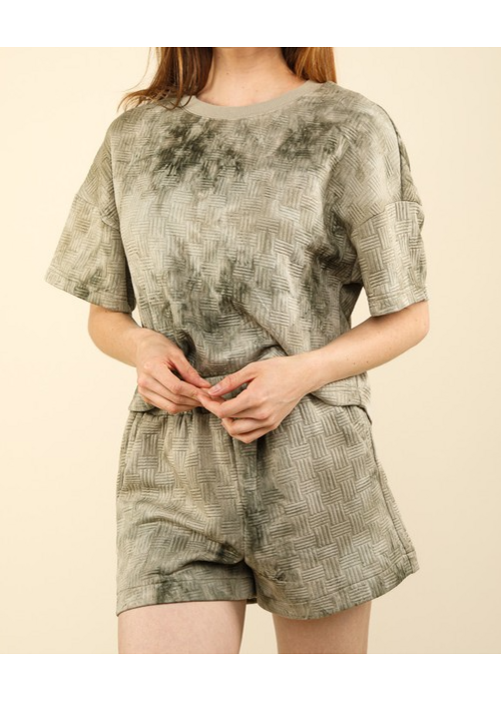 VJNT11780SET - Quilted Washed Comfy Knit Top & Shorts Set