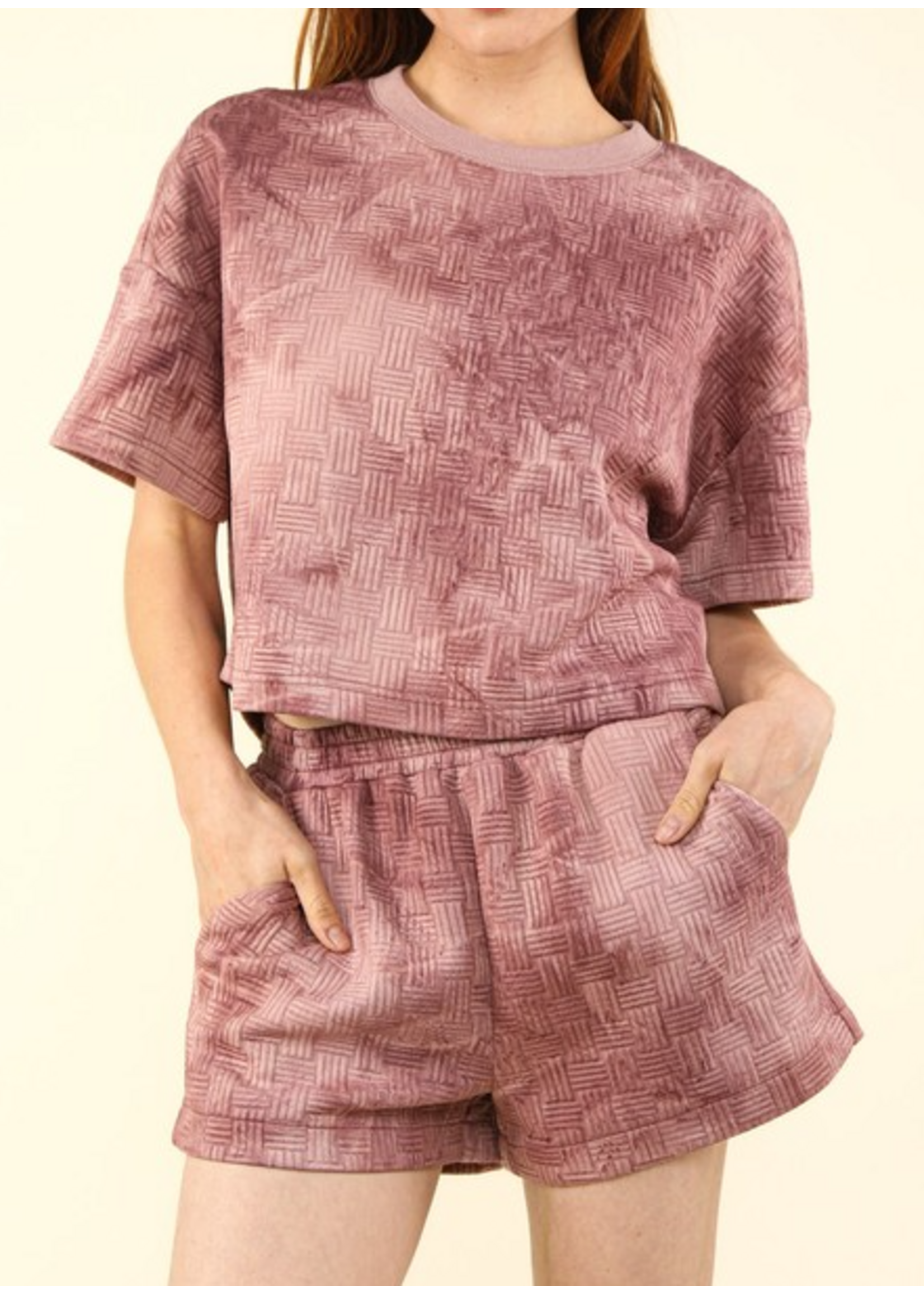 VJNT11780SET - Quilted Washed Comfy Knit Top & Shorts Set