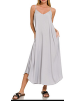 ZNQD7209D4 - Woven Arc Hem Cami Midi Dress With Flowy Pockets