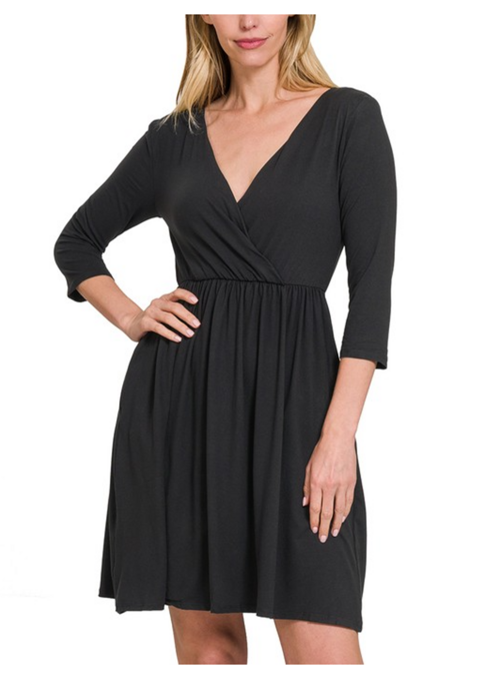 ZNPD2377 - 3/4 SLELEVE VNECK  SURPLICE DRESS