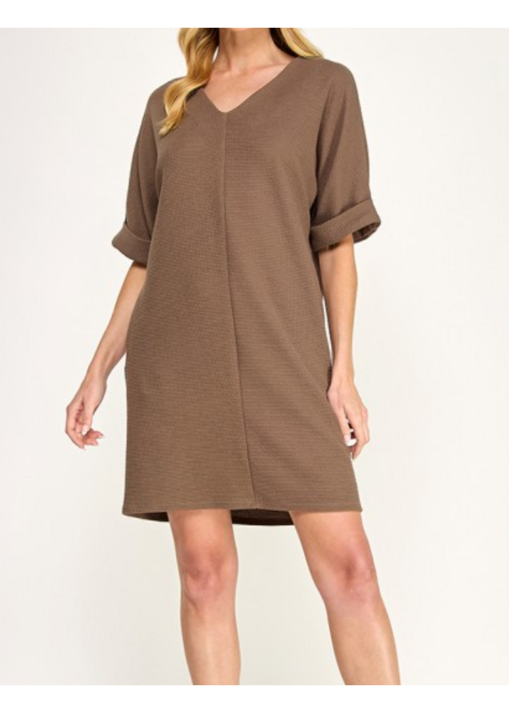 2HD3046 - SOLID KNIT VNECK 3/4 SLEEVE SHIFT