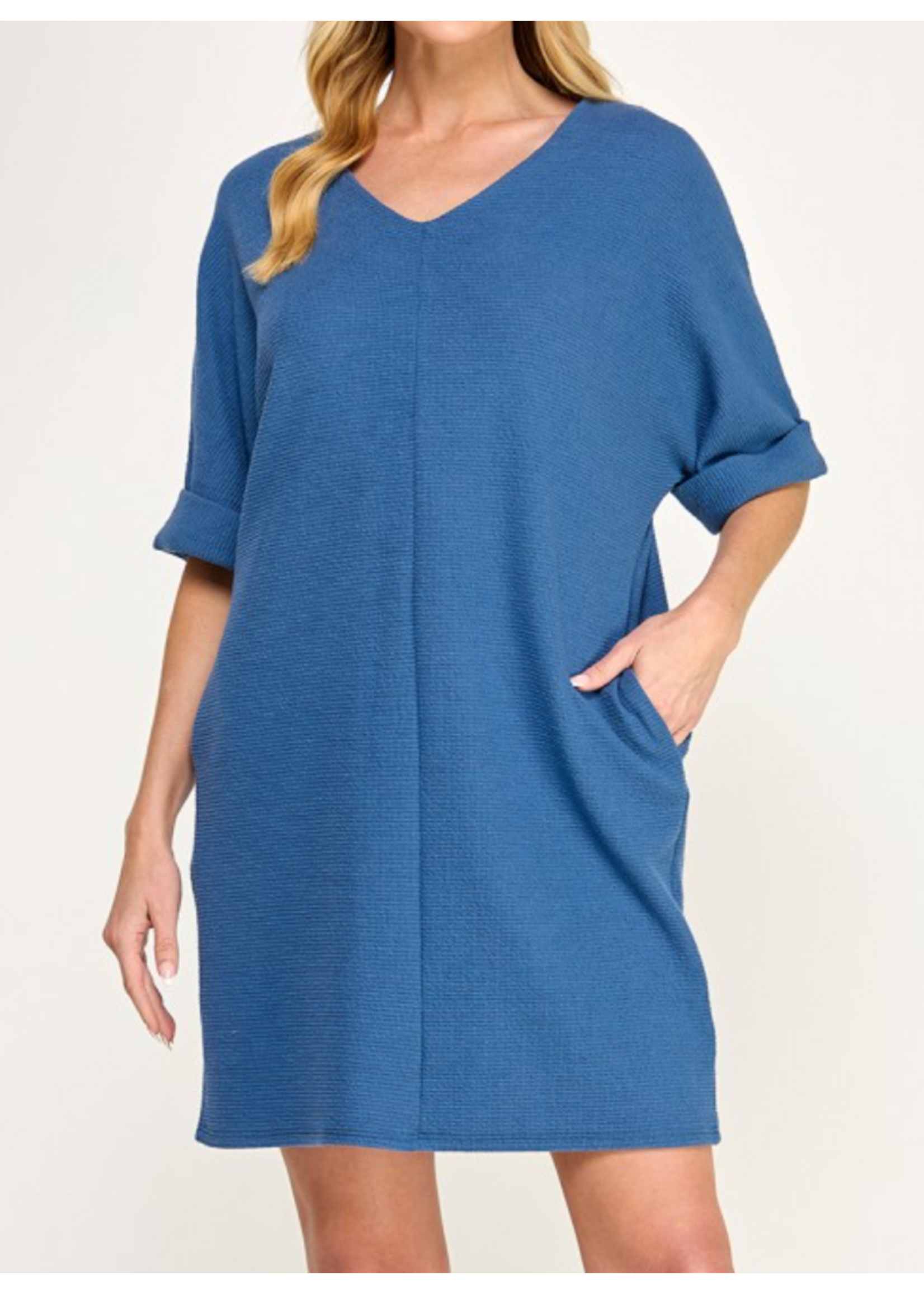 2HD3046 - SOLID KNIT VNECK 3/4 SLEEVE SHIFT