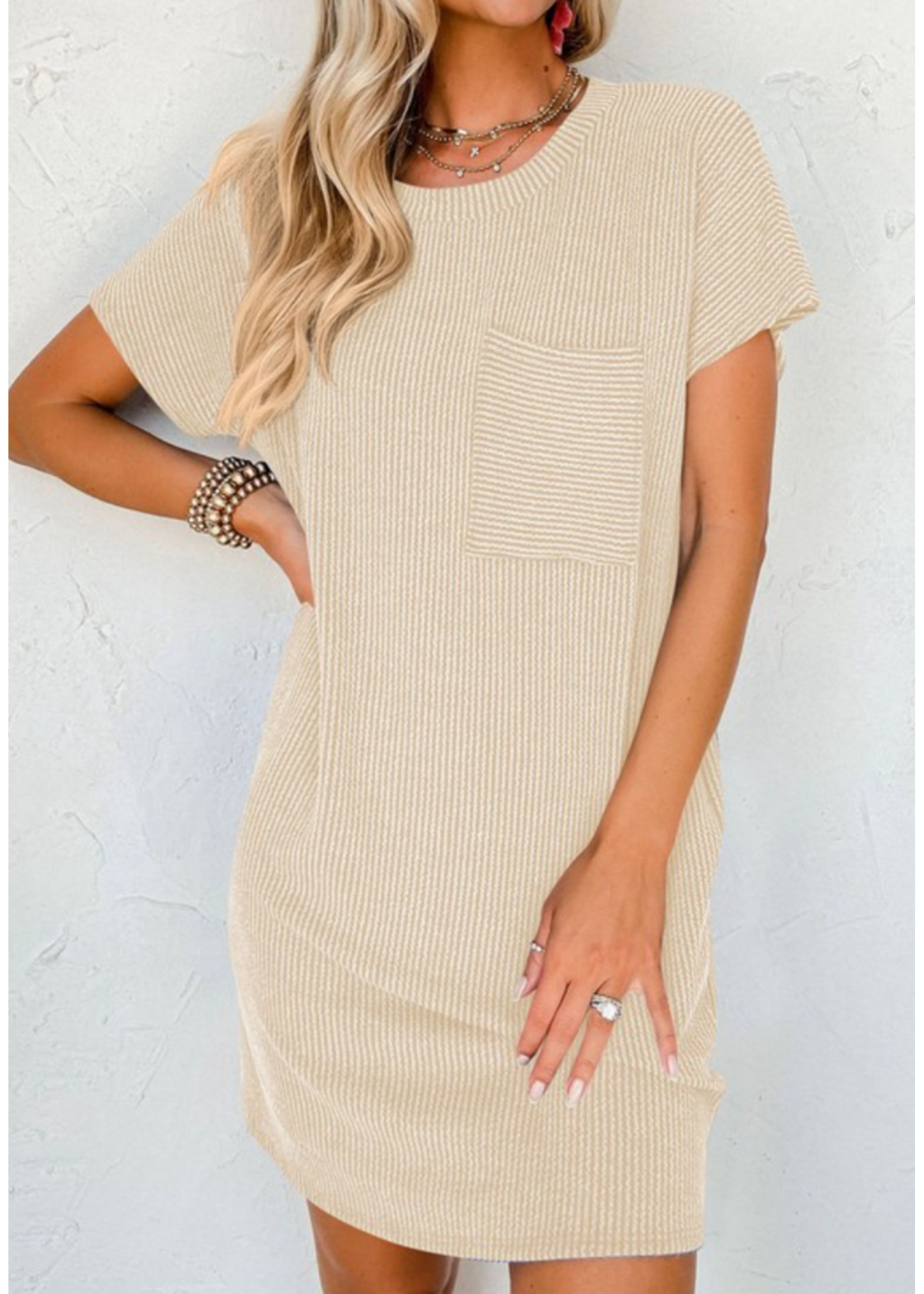 CMX5D0126 - Ribbed Chest Pocket Short Sleeve T Shirts Dress