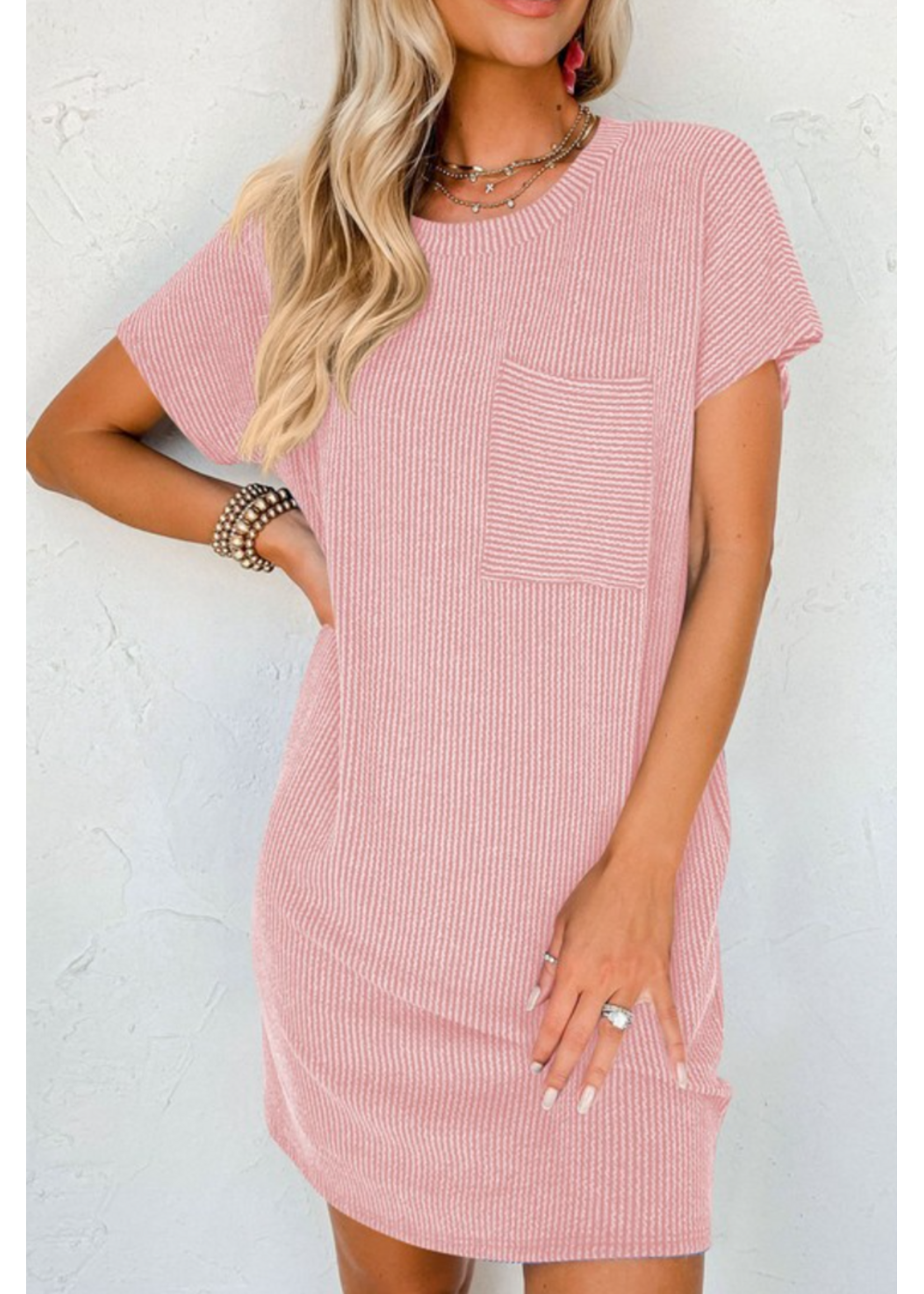 CMX5D0126 - Ribbed Chest Pocket Short Sleeve T Shirts Dress