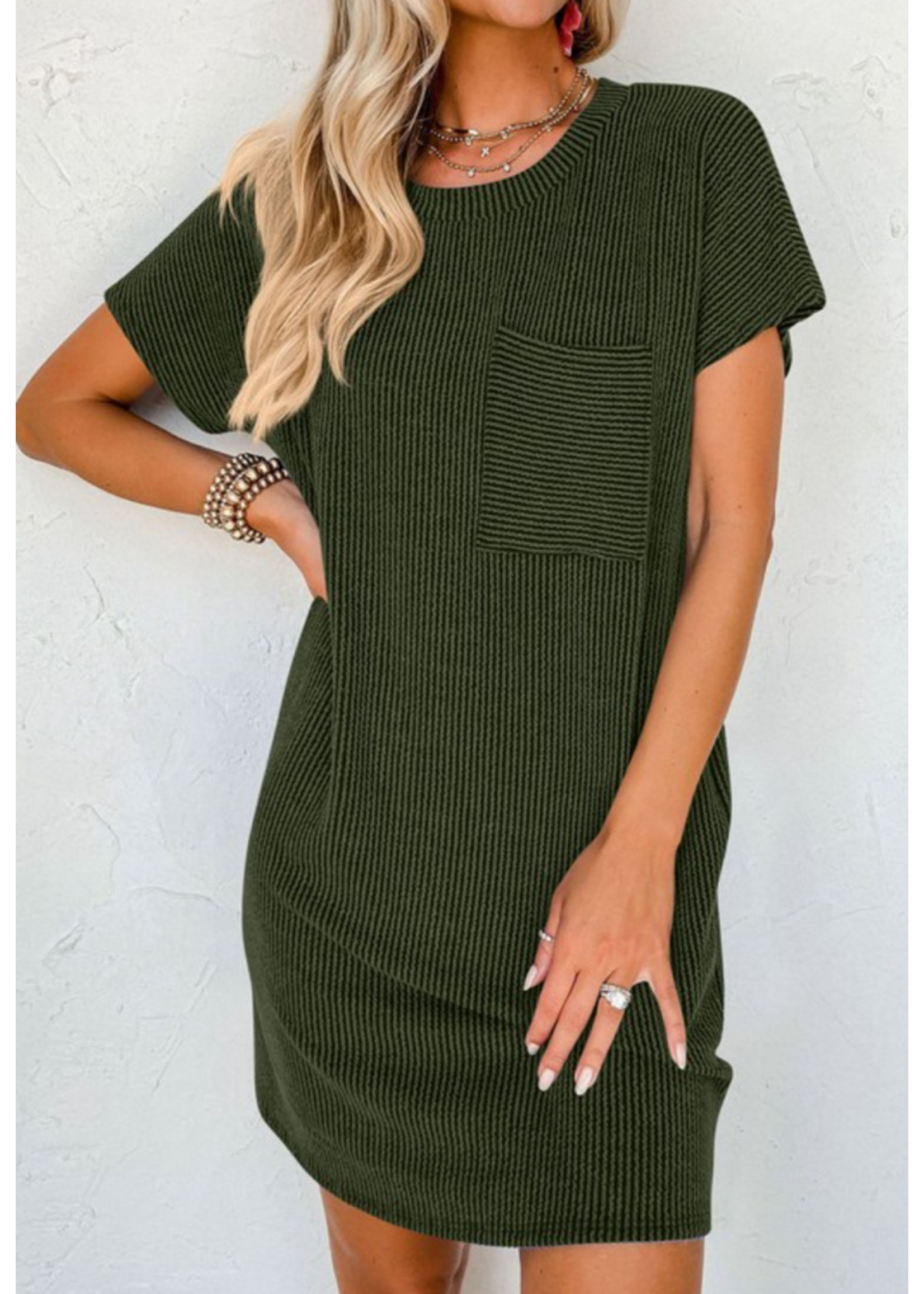 CMX5D0126 - Ribbed Chest Pocket Short Sleeve T Shirts Dress