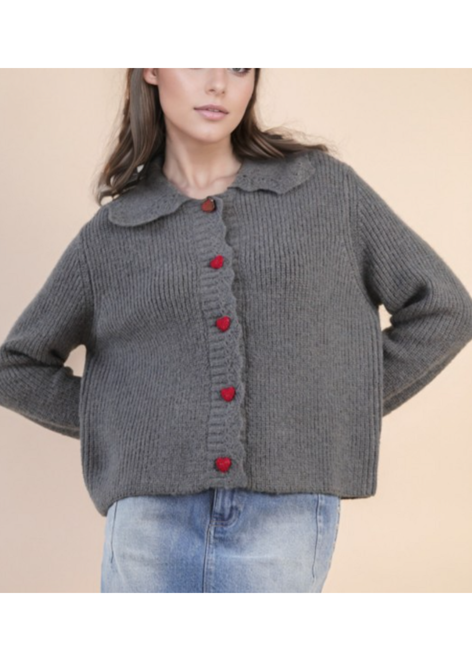 VJ12W3445N -  VALENTINES Heart Button Down Knit Sweater Cardigan