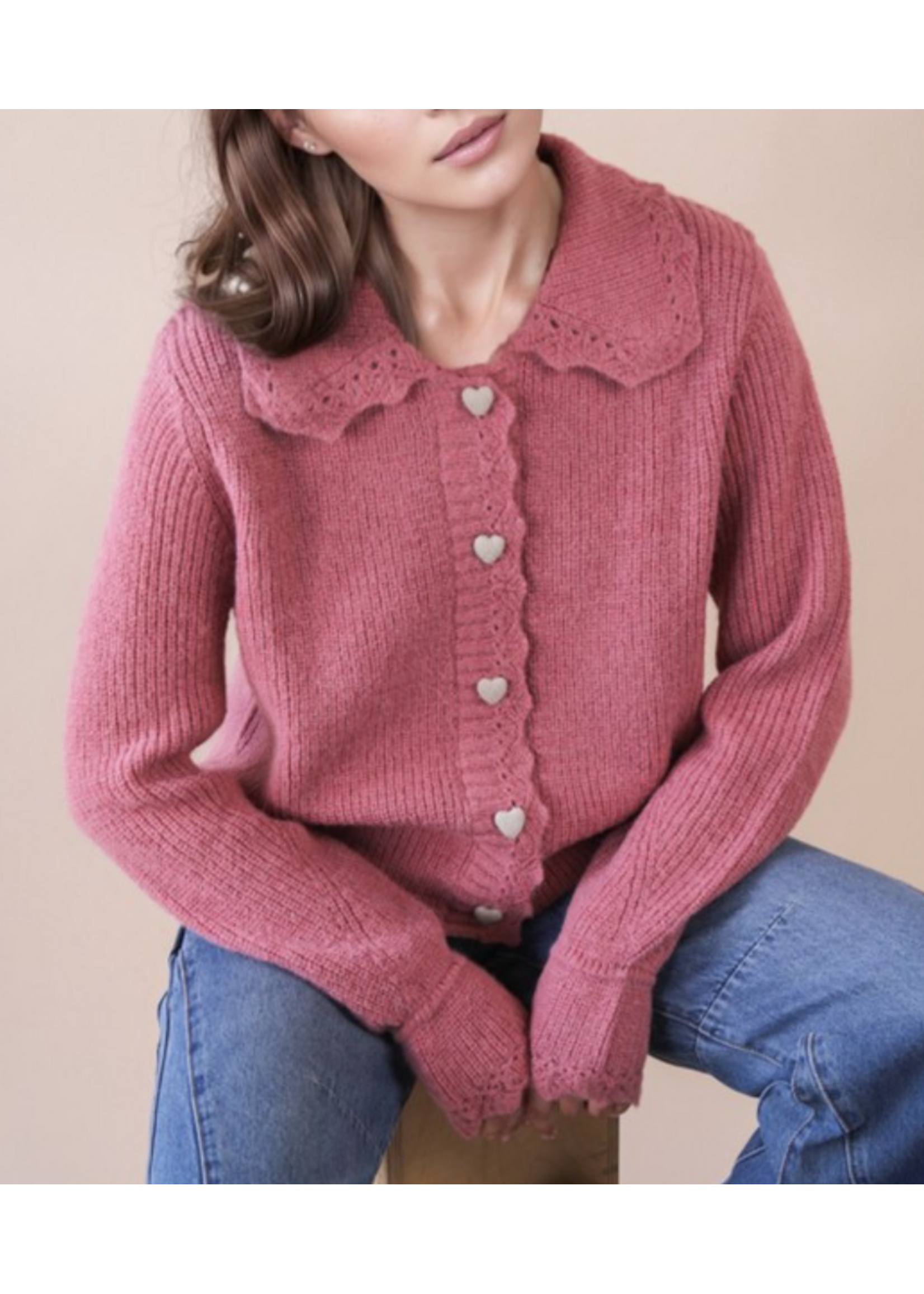VJ12W3445N -  VALENTINES Heart Button Down Knit Sweater Cardigan