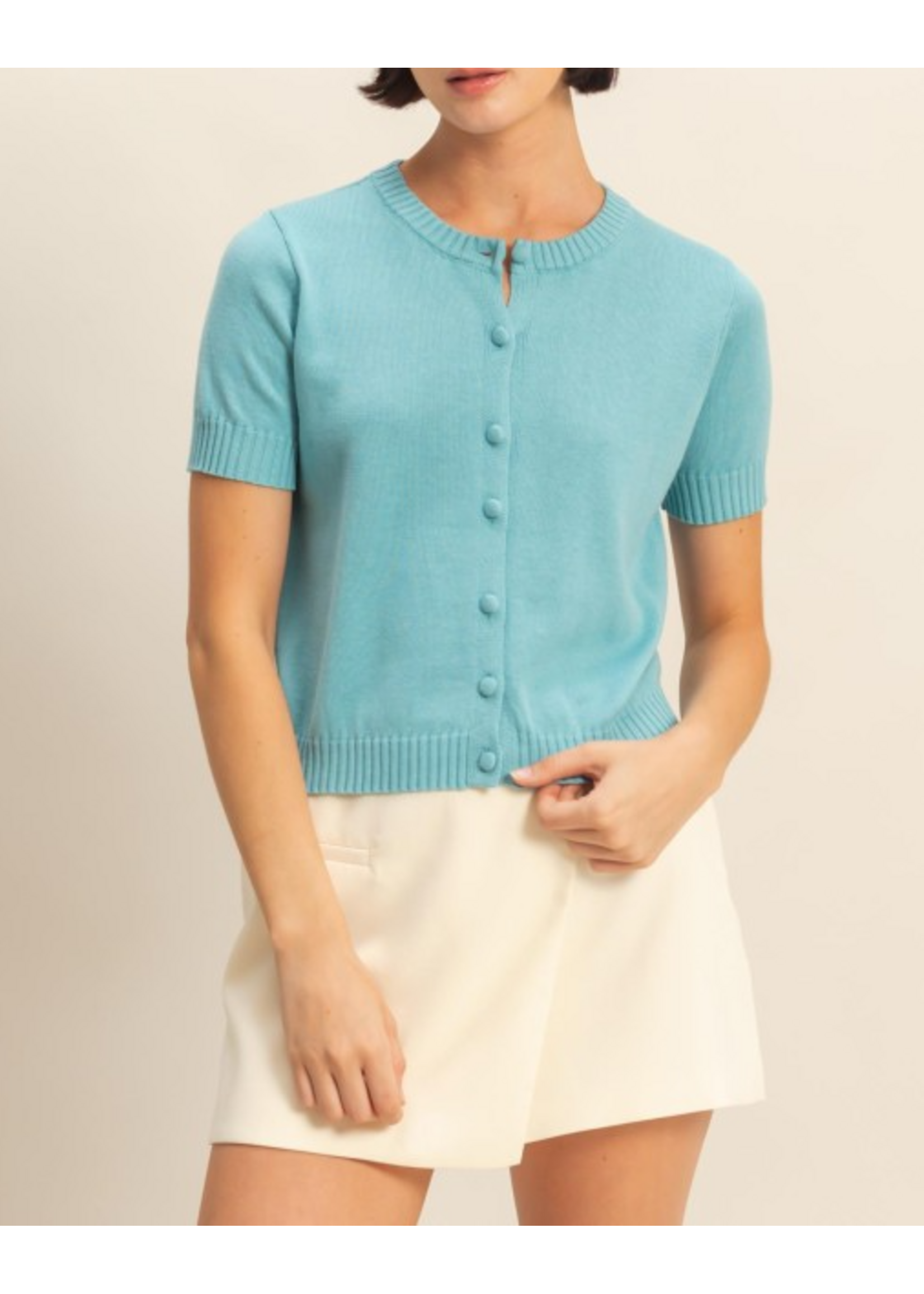 HFDZ25E499 - Crew Neck Short Sleeve Buttoned Cardigan