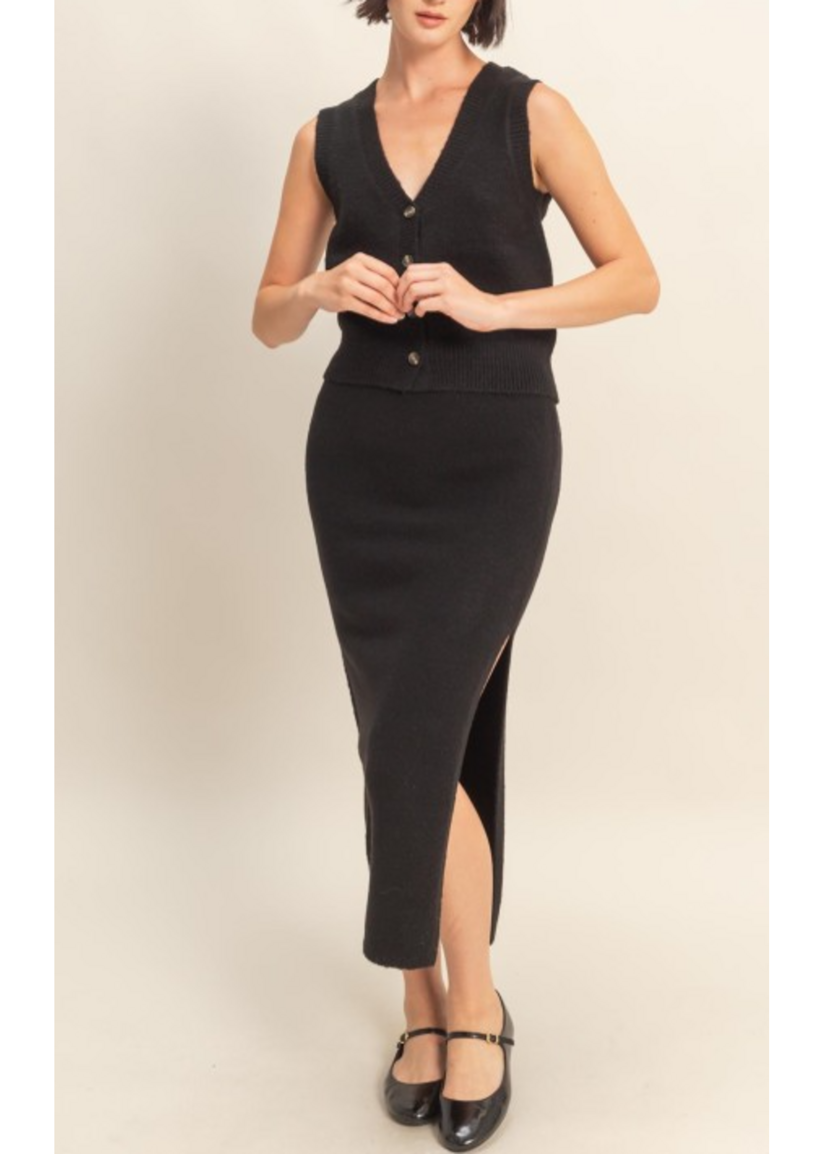 HFDZ25F134 - Button Front Vest & Midi Skirt Knit Set