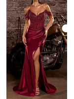 LDCC456 - EVENING GOWN fitted gown, featuring an off-the-shoulder sweetheart neckline and a lavishly embellished lace corset bodice