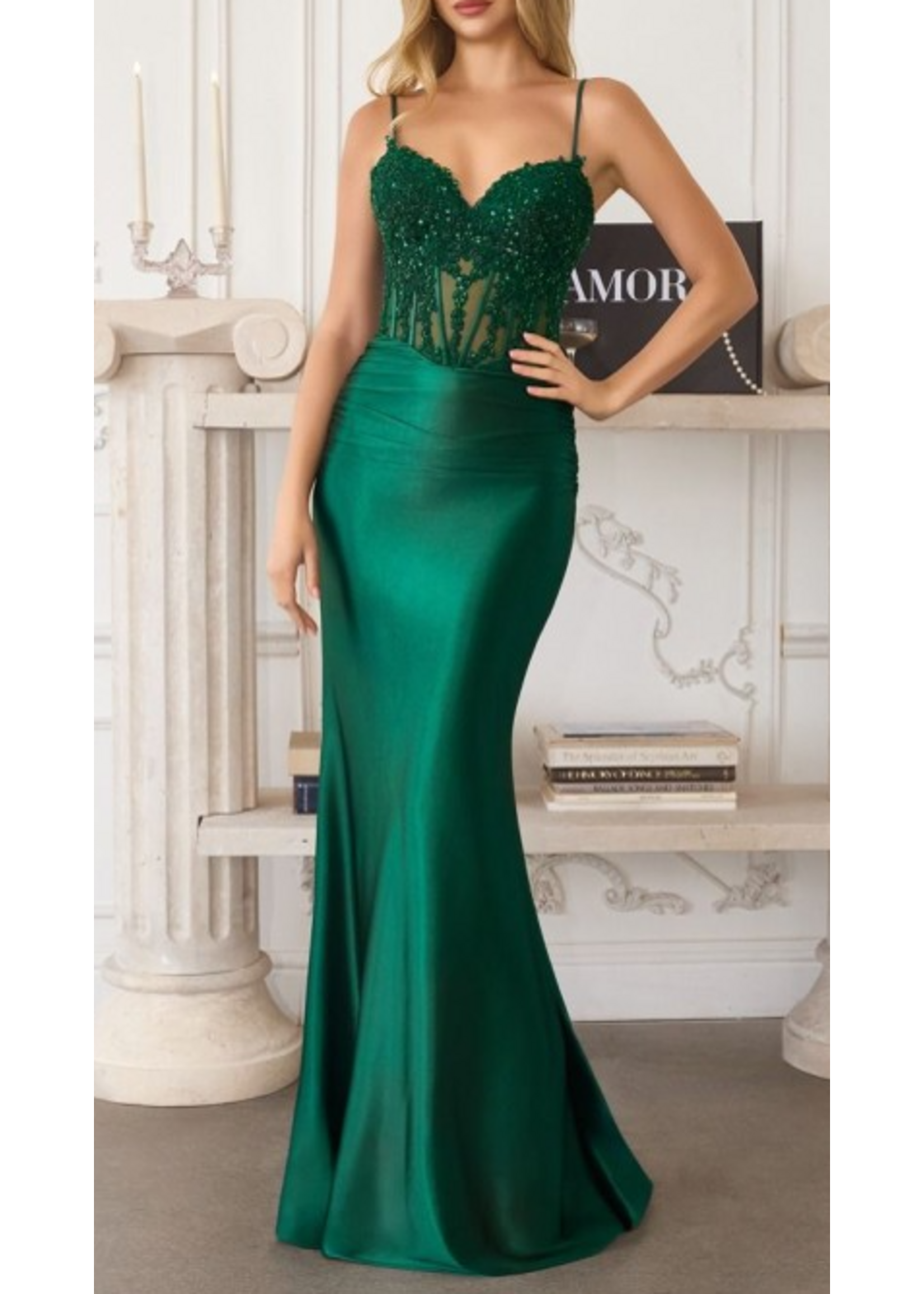 LDT819 - EVENING GOWN W SHEER CORSET BODICE AND SATIN SKIRT