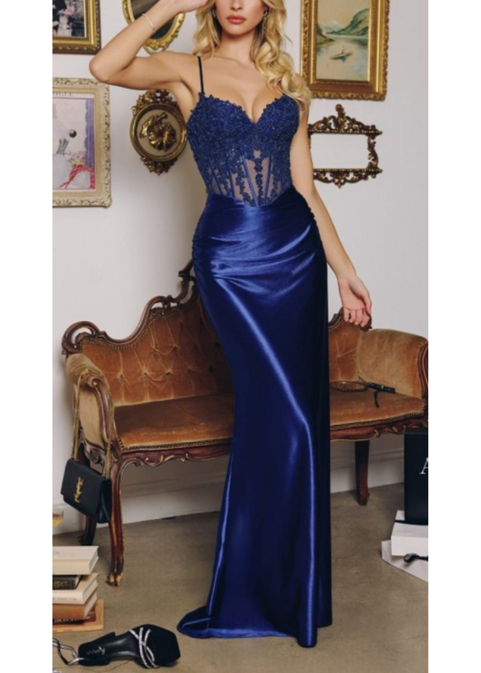 LDT819 - EVENING GOWN W SHEER CORSET BODICE AND SATIN SKIRT