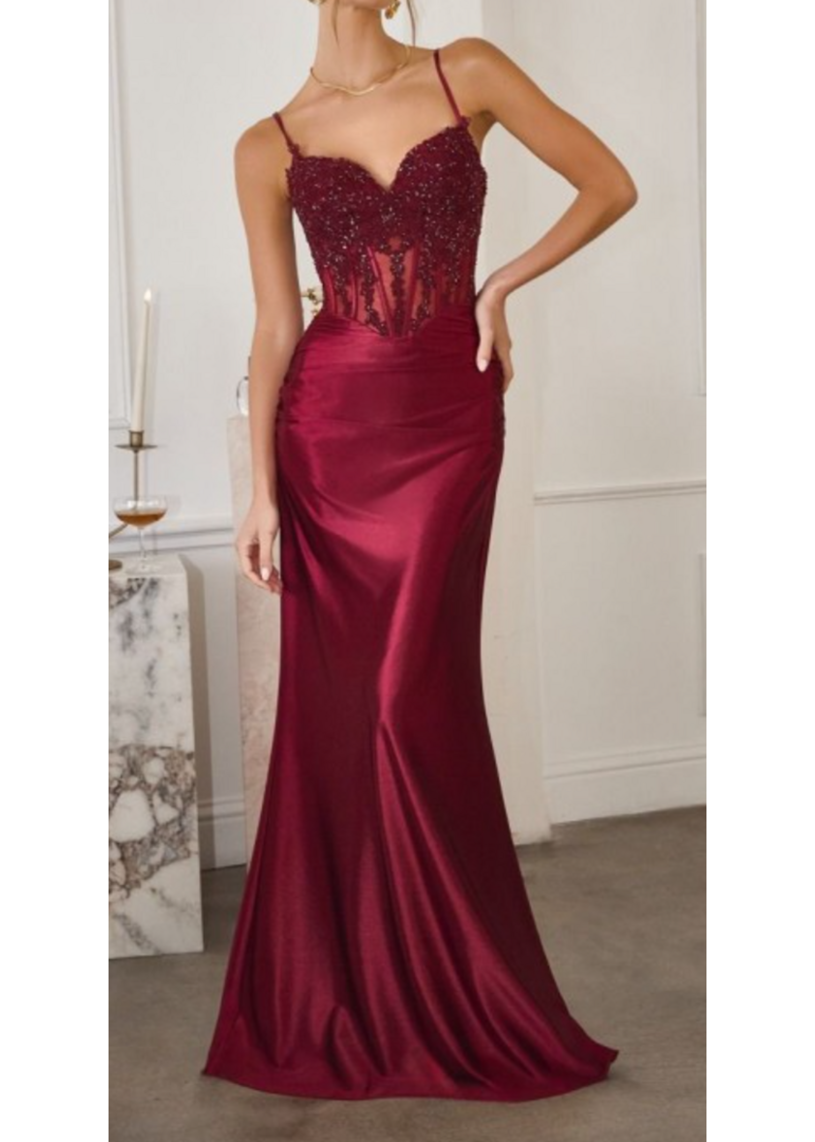 LDT819 - EVENING GOWN W SHEER CORSET BODICE AND SATIN SKIRT