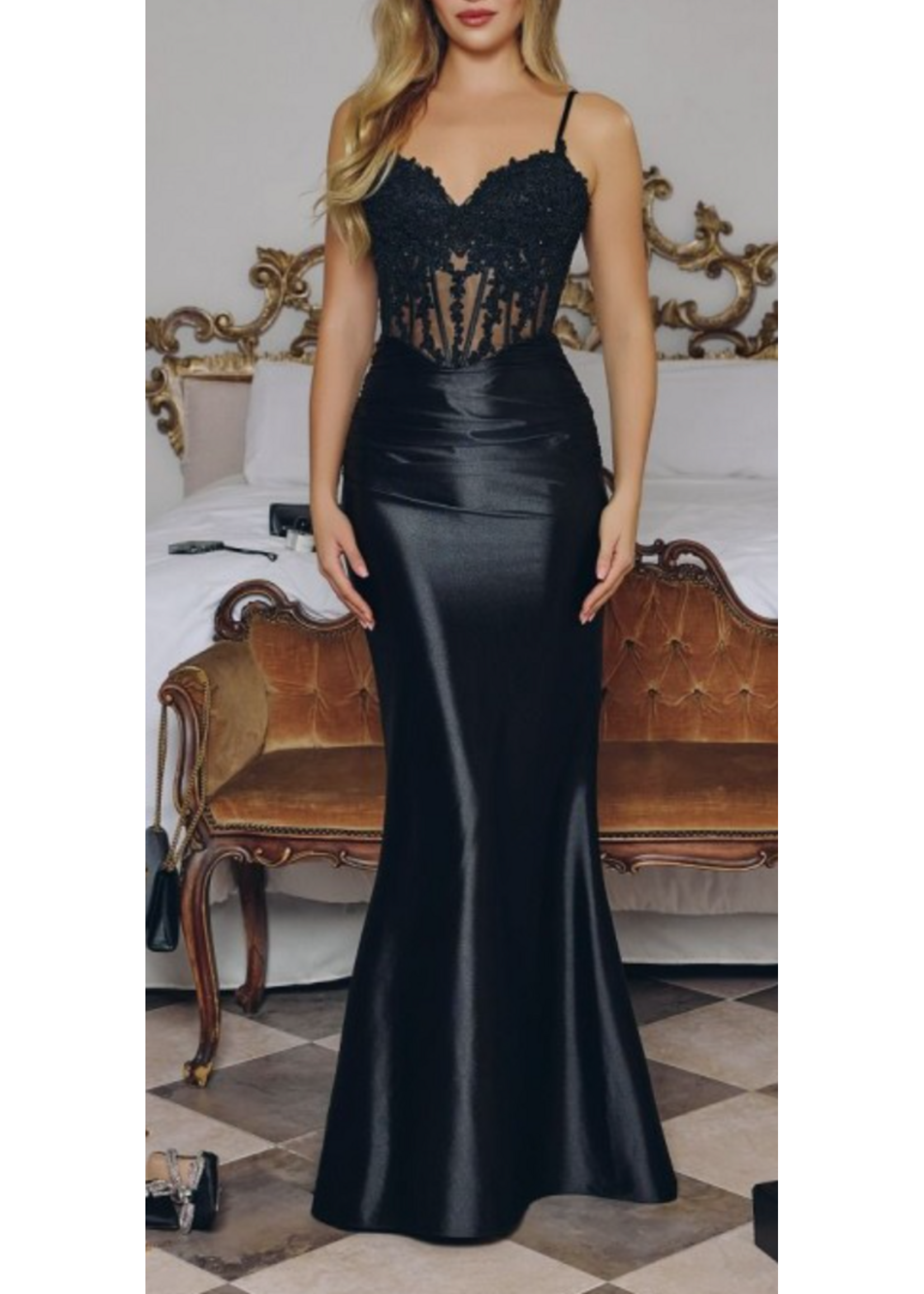 LDT819 - EVENING GOWN W SHEER CORSET BODICE AND SATIN SKIRT