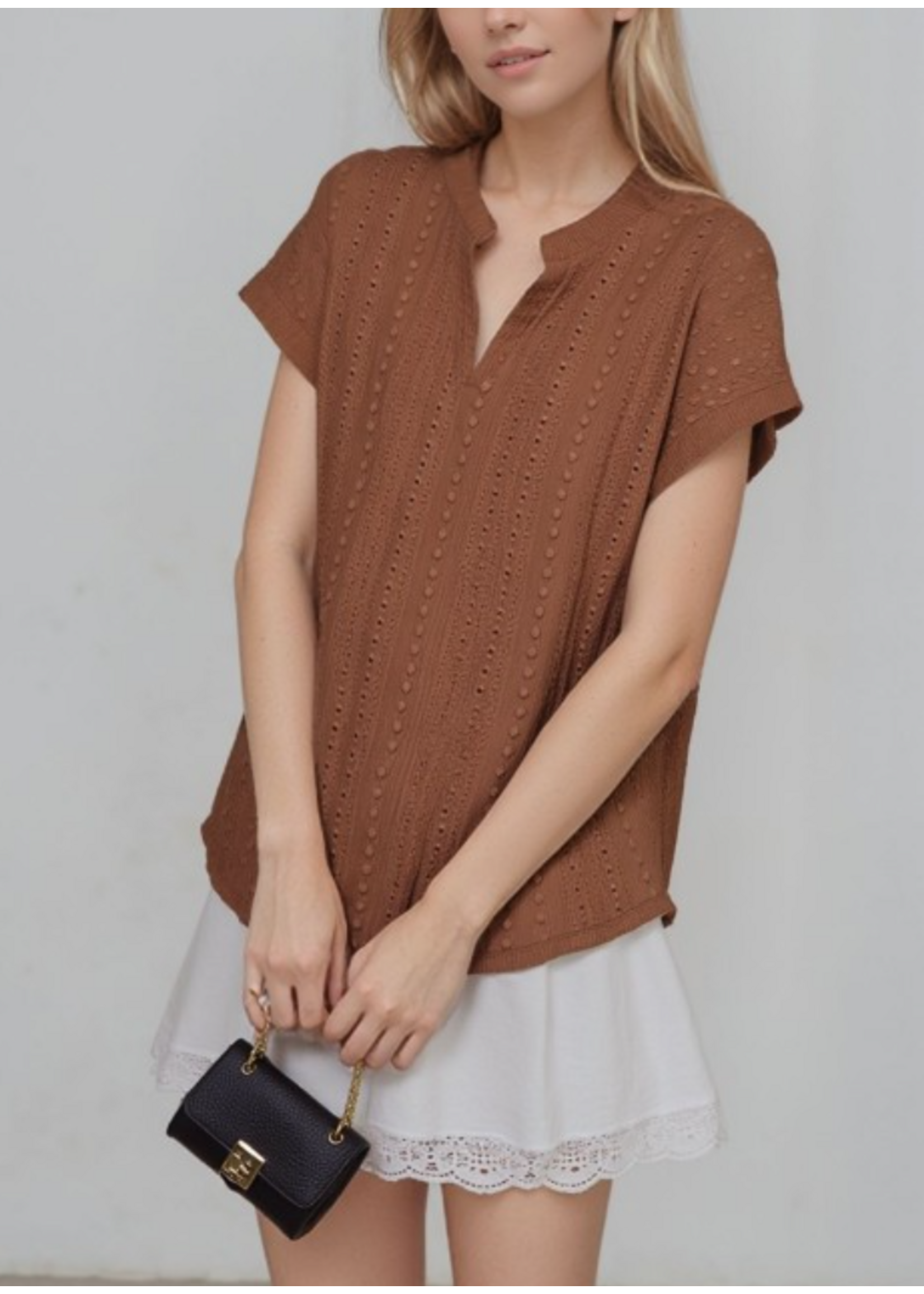 HSET8069 - Plus Eyelet Notched Collar Short Sleeve Top