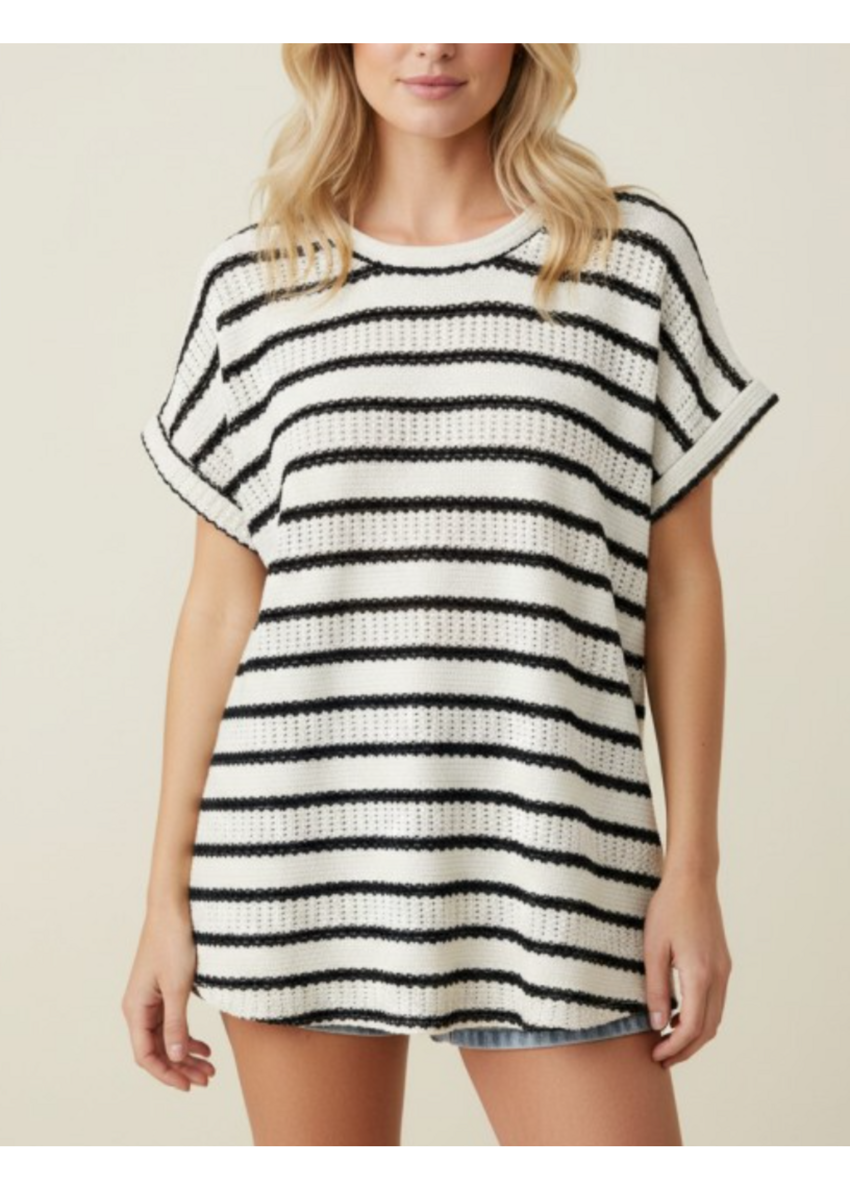 HSET8049 - Plus Open Knit Striped Round Neck Relaxed Top