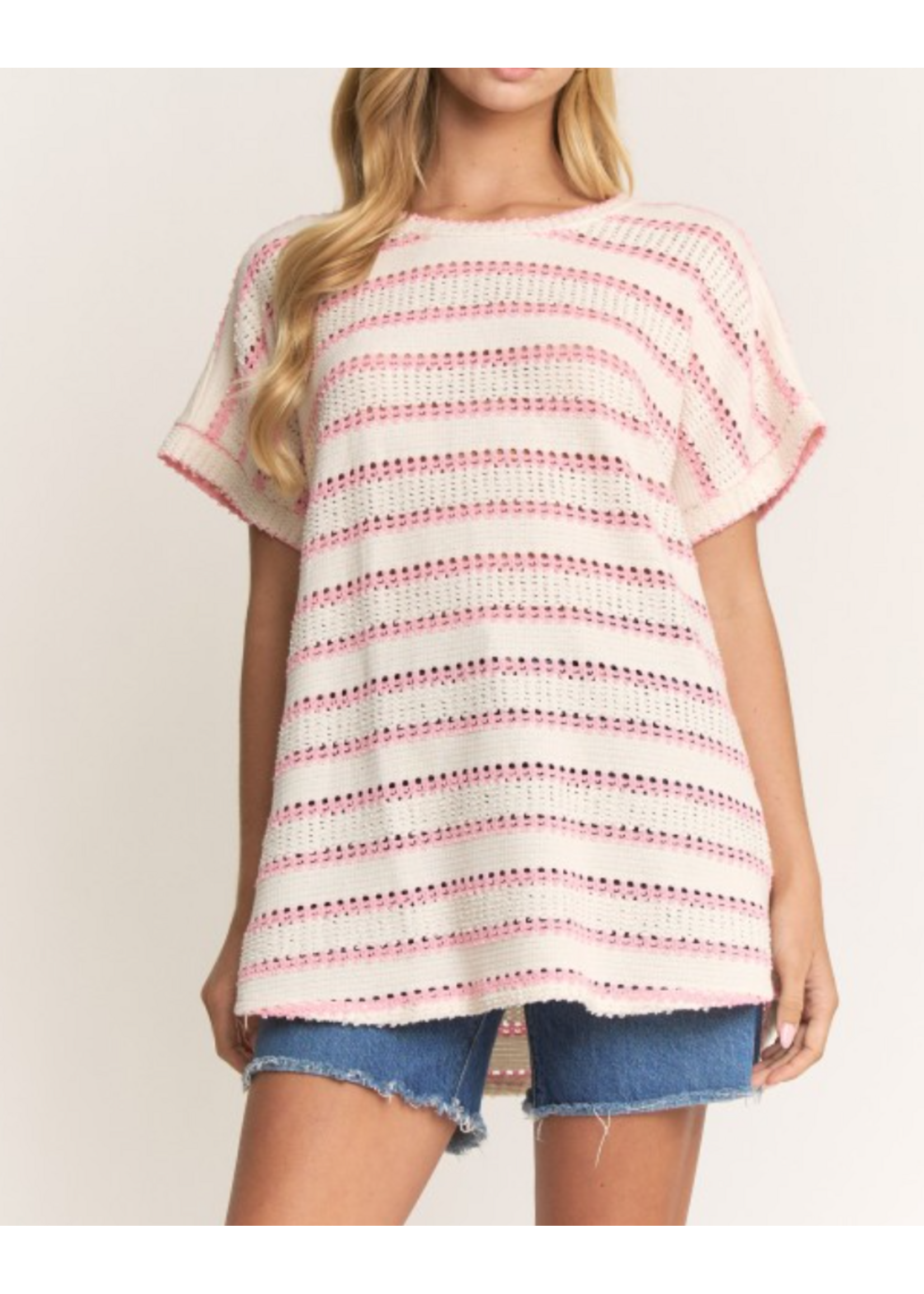 HSET8049 - Plus Open Knit Striped Round Neck Relaxed Top