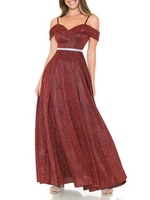LEN5236 - Metallic Off The Shoulder Embellished Belt Dress