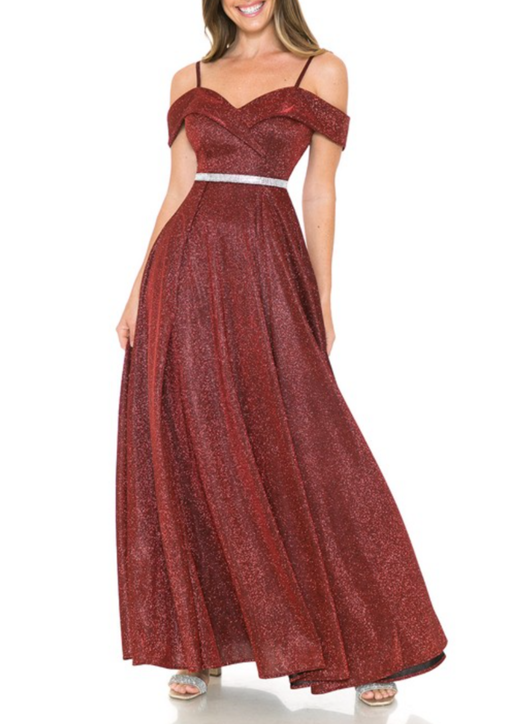 LEN5236 - Metallic Off The Shoulder Embellished Belt Dress