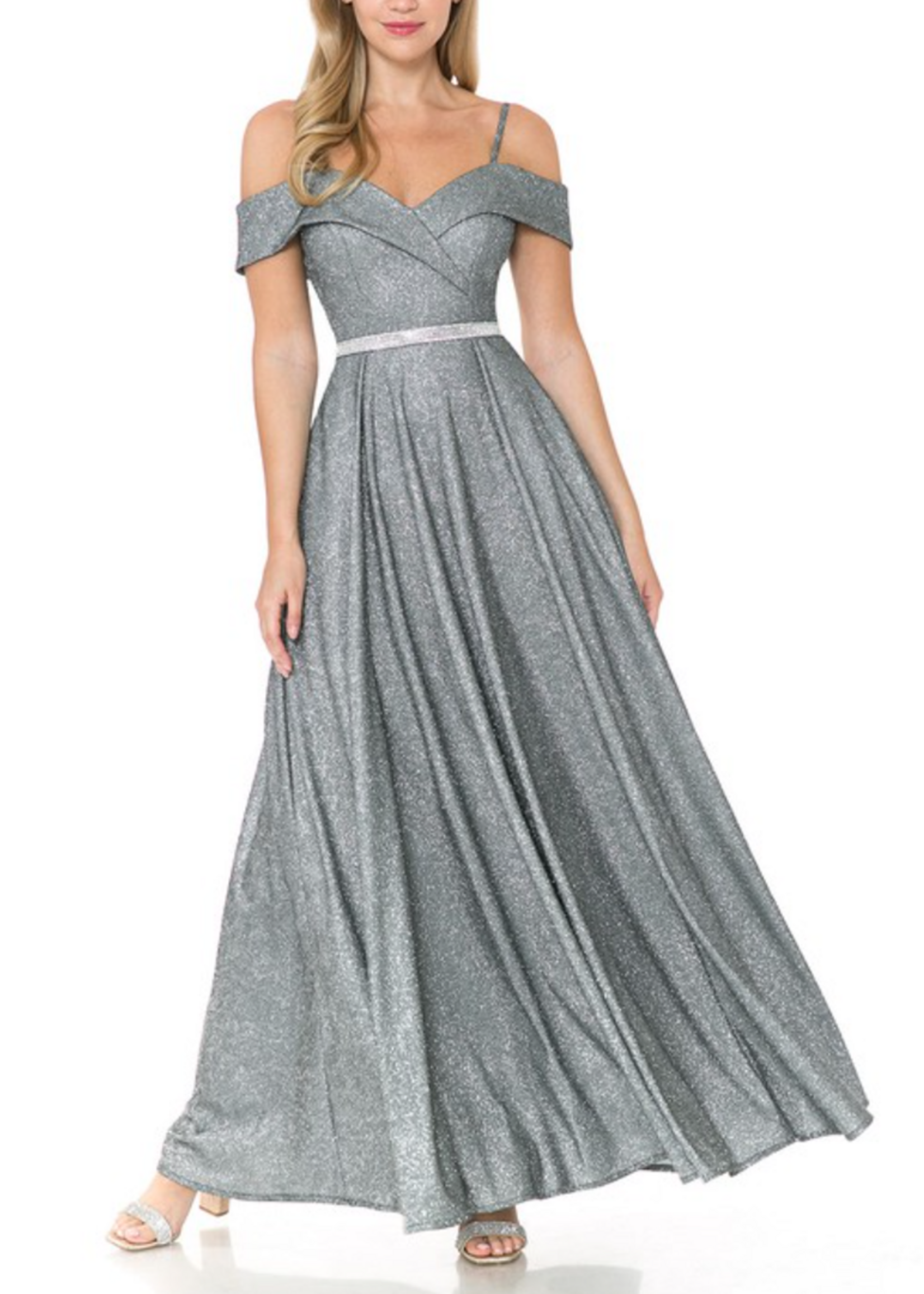 LEN5236 - Metallic Off The Shoulder Embellished Belt Dress