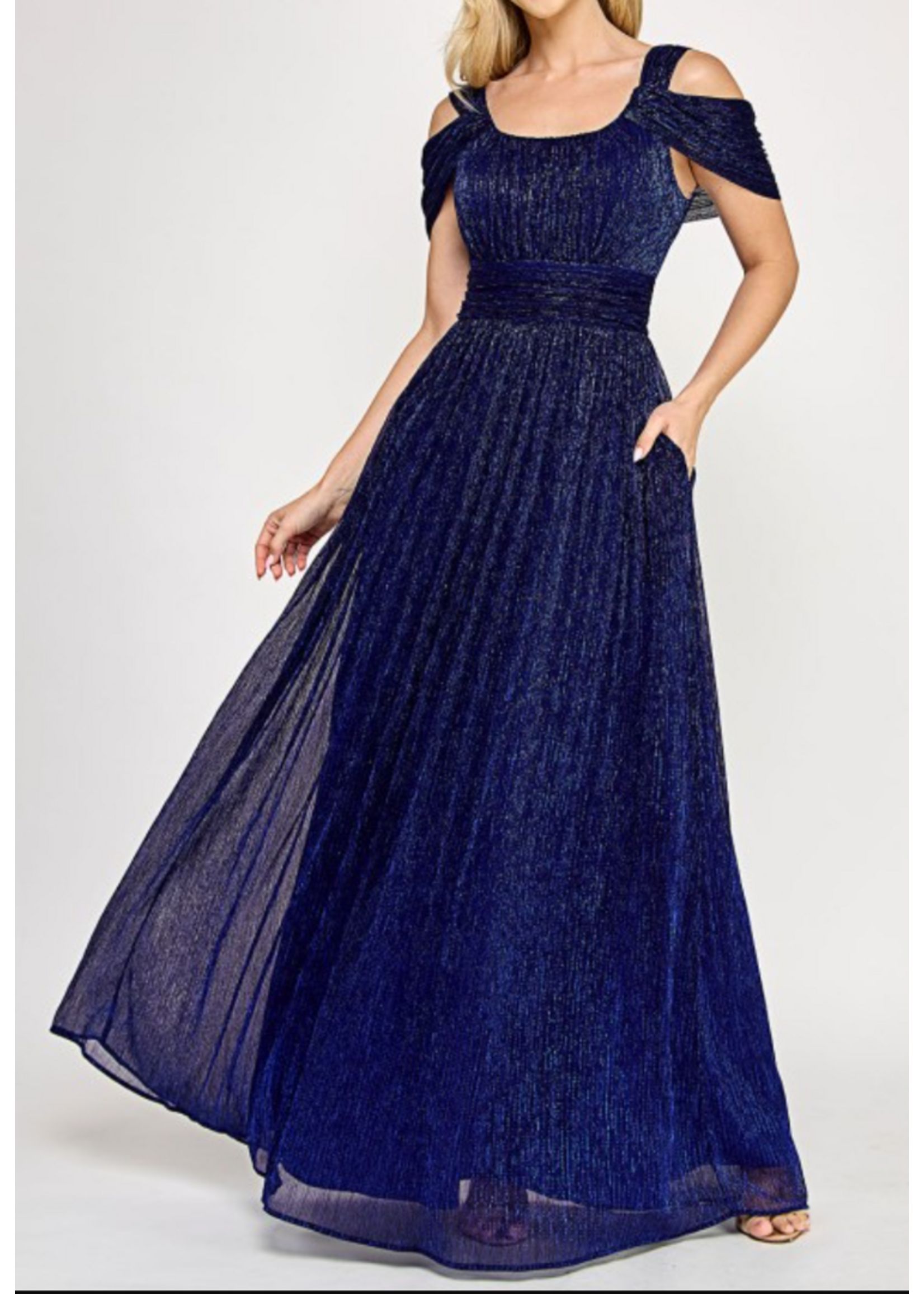 LEN5327 -  EVENING GOWN, RUCHED FOIL OFF SHOULDER