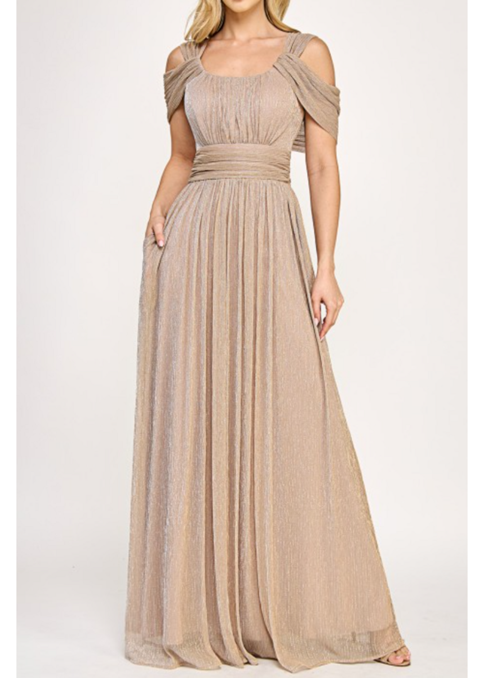 LEN5327 -  EVENING GOWN, RUCHED FOIL OFF SHOULDER