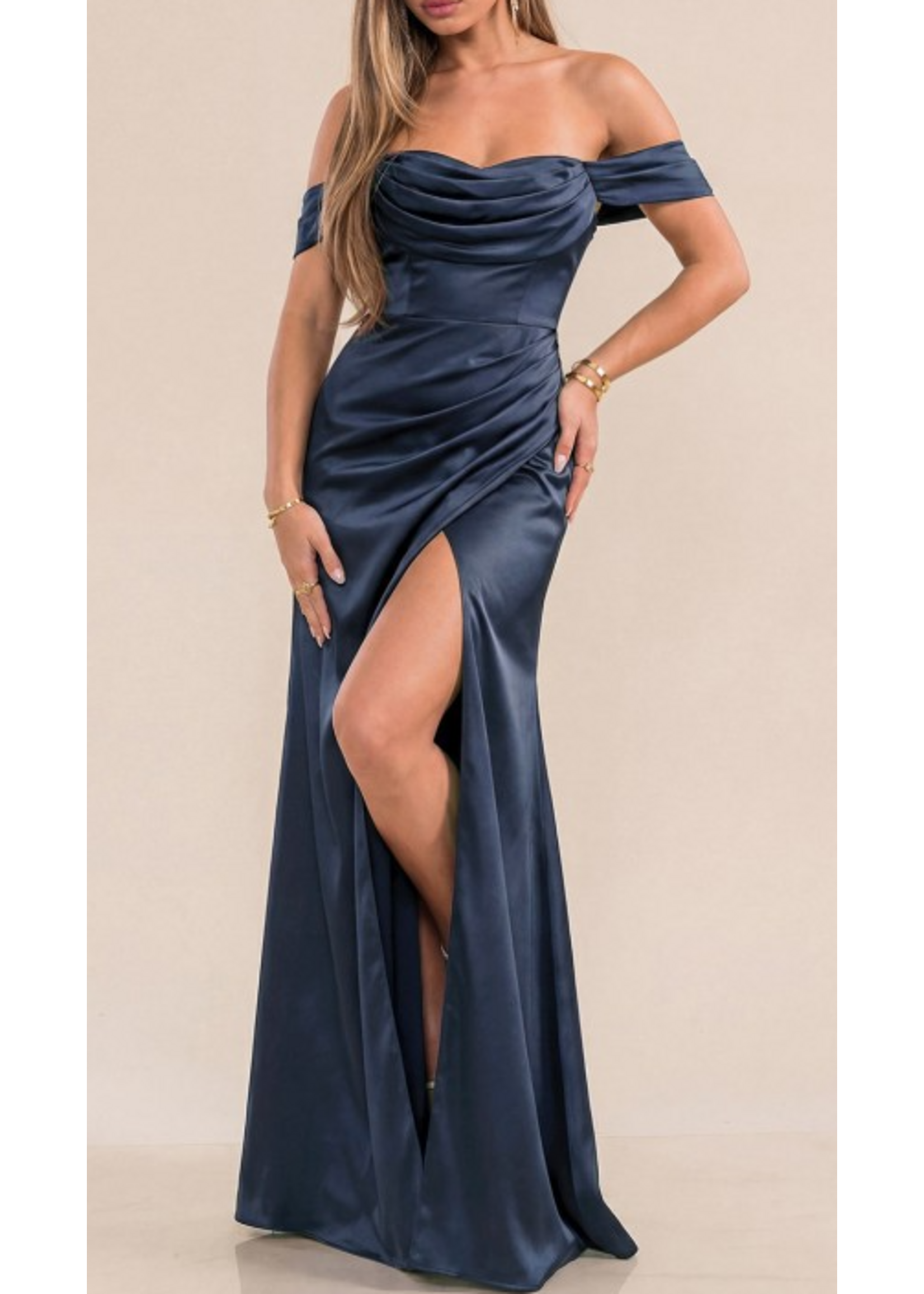MAMF2777 - Satin Off Shoulder Dress