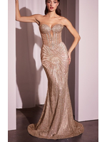 LDJ871 - EVENING GOWN - STRAPLESS SILVER EMBELLISHED GOWN