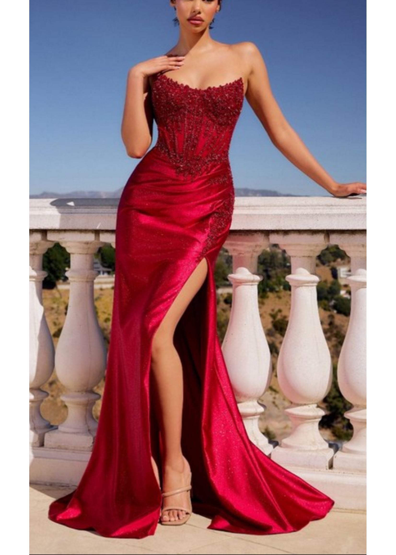 LDCC475 - STRAPLESS FITTED GOWN WITH LACE AND BEADED DETAILING