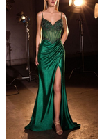 LDCC408 - EVENING GOWN W Spaghetti Straps, Sheer Corset W Sstretch Satin Skirt and High Slit