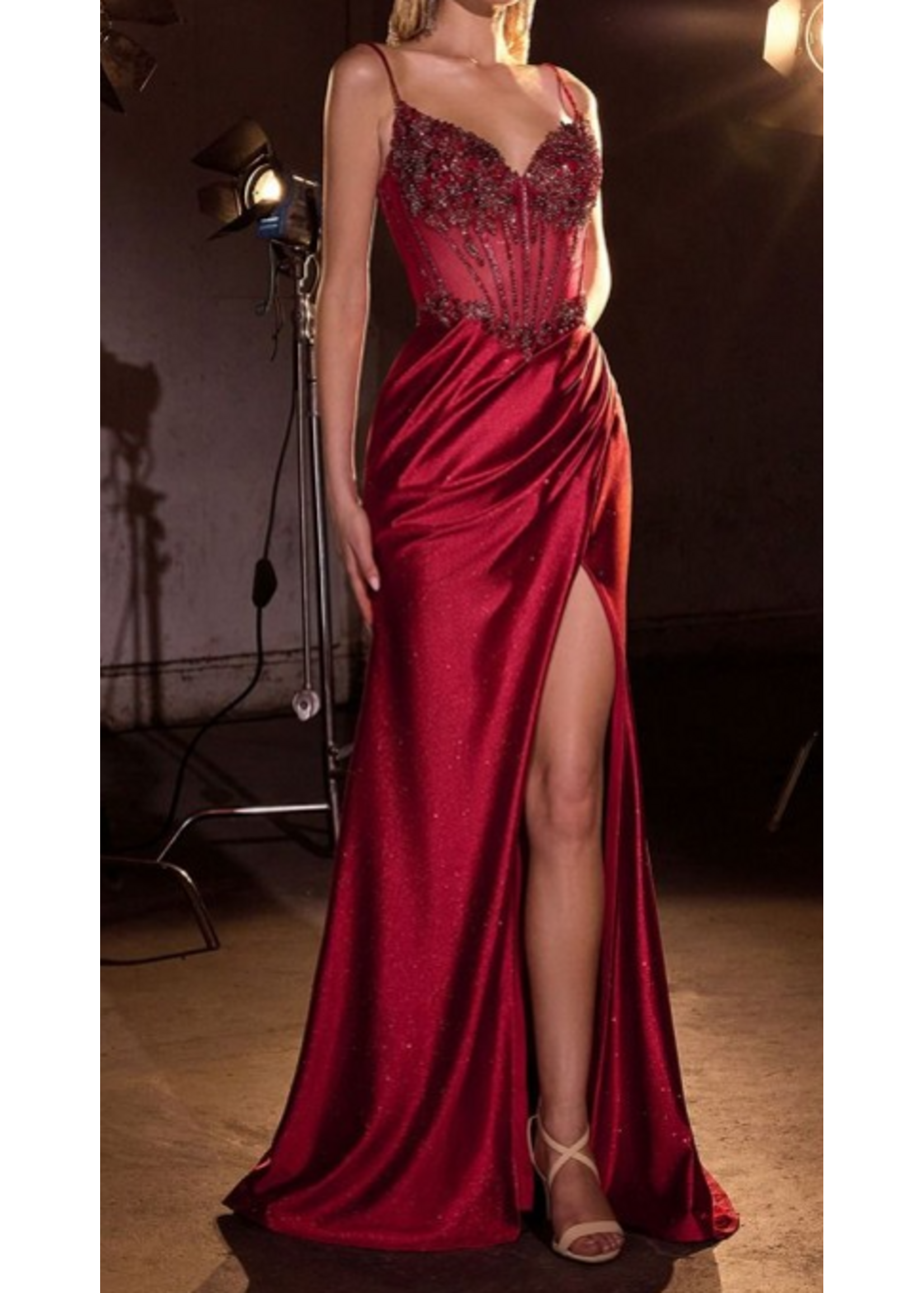 LDCC408 - EVENING GOWN W Spaghetti Straps, Sheer Corset W Sstretch Satin Skirt and High Slit