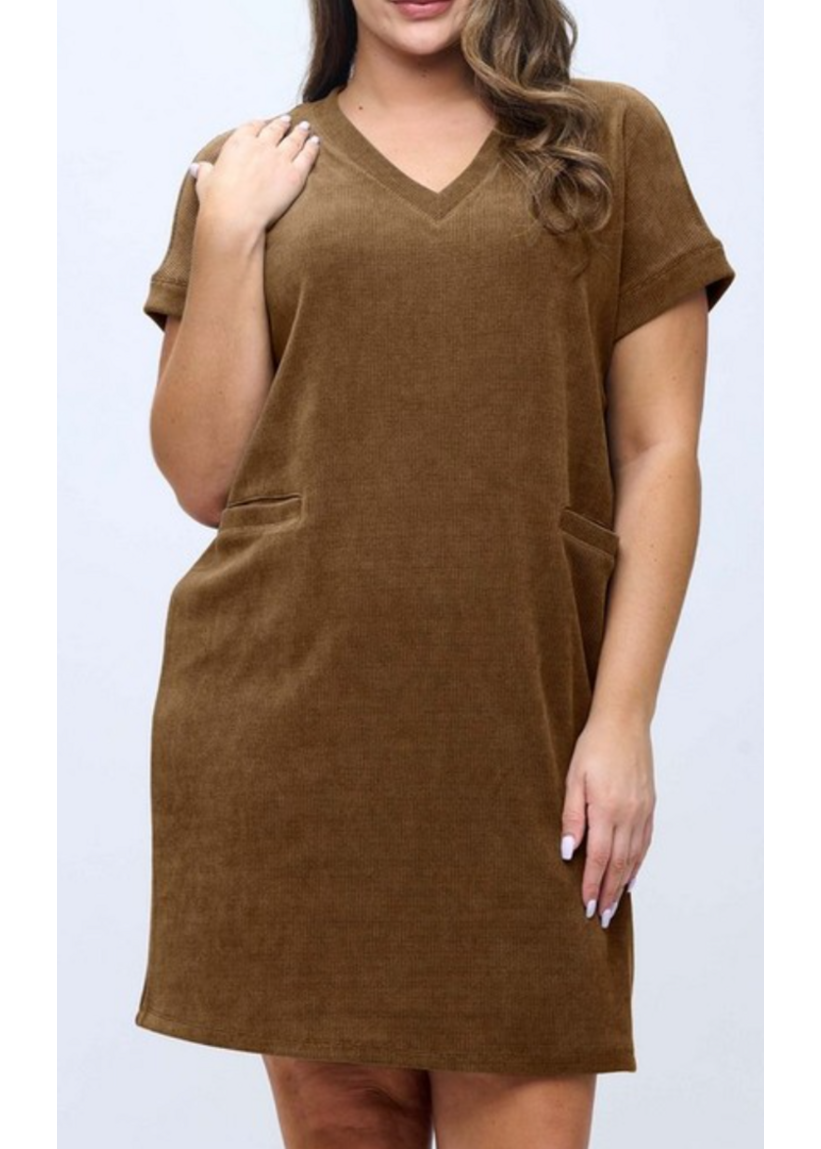 YELETE YEDRS393 - CORDUROY VNECK SHORT SLEEVE DRESS