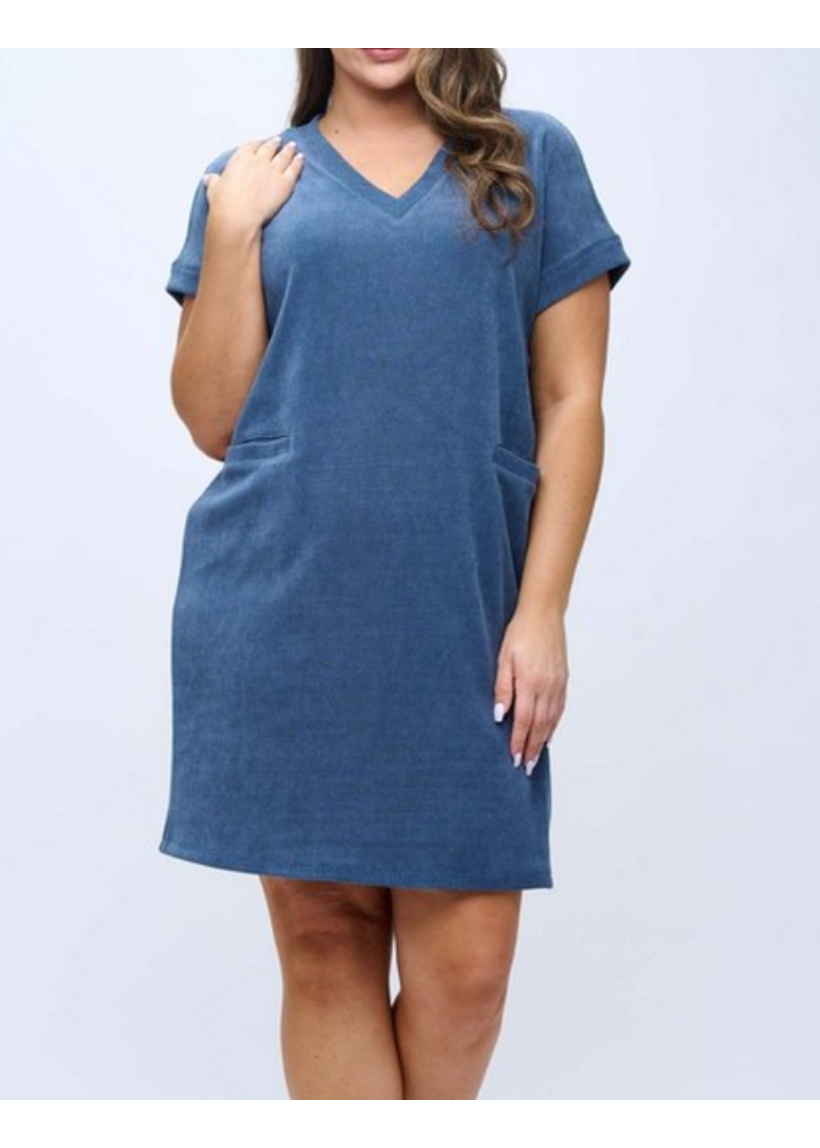 YELETE YEDRS393 - CORDUROY VNECK SHORT SLEEVE DRESS