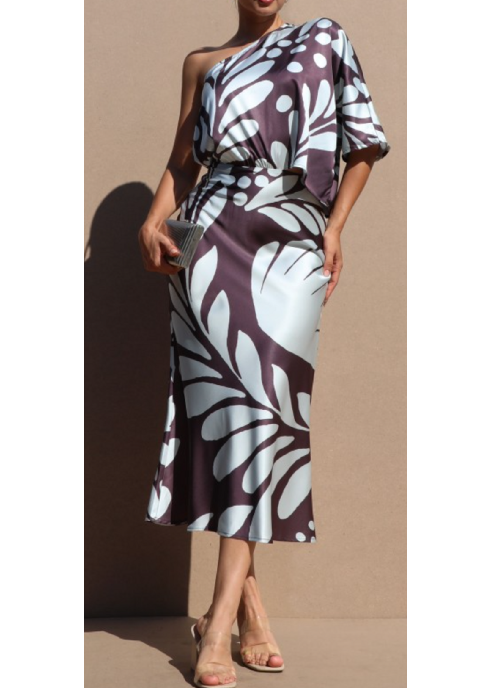 DDDD7522 - SATIN ONE SHOULDER TROPICAL MIDI DRESS