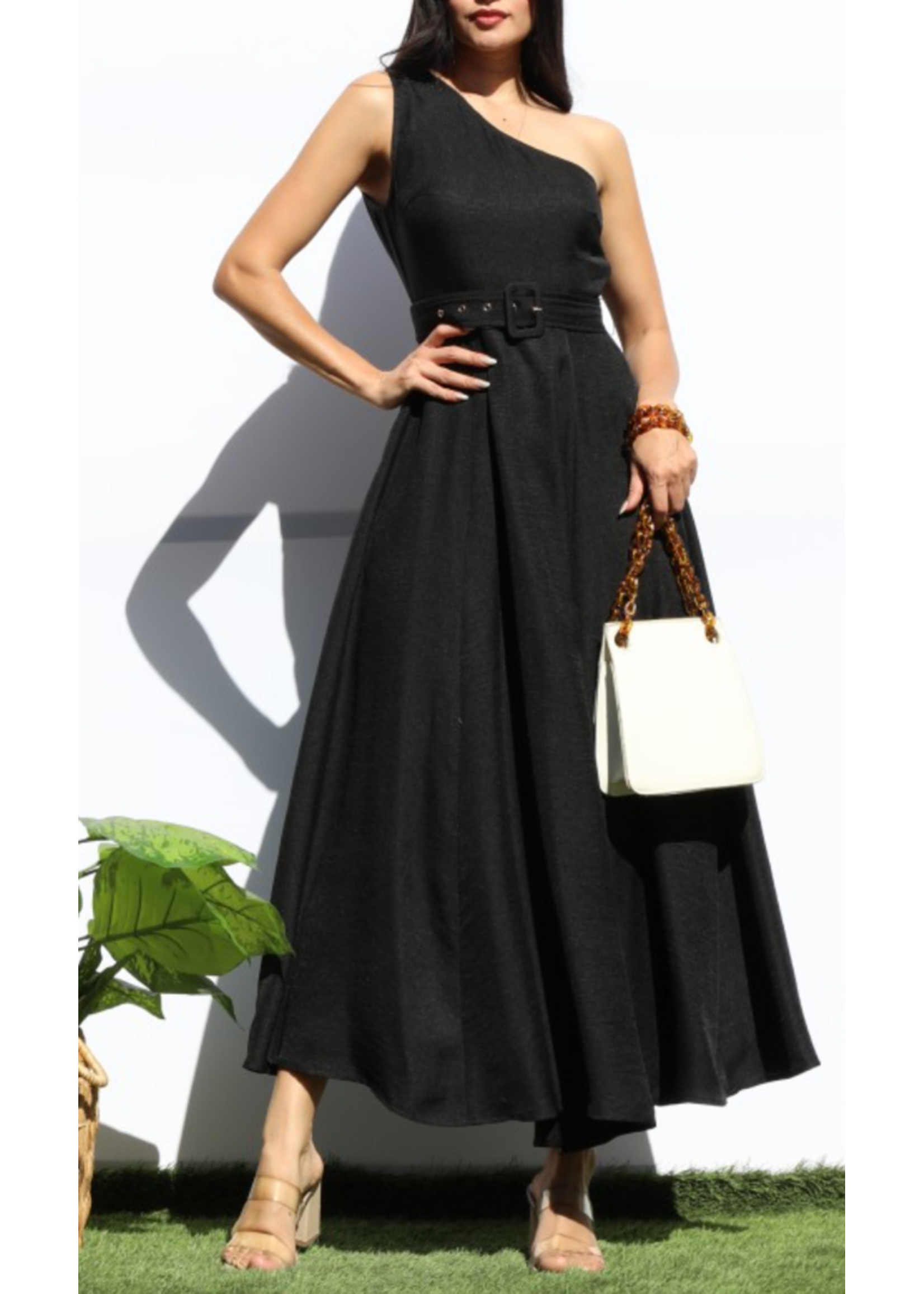DDDD7988 - BELTED ONE SHOULDER FLARED MIDI DRESS