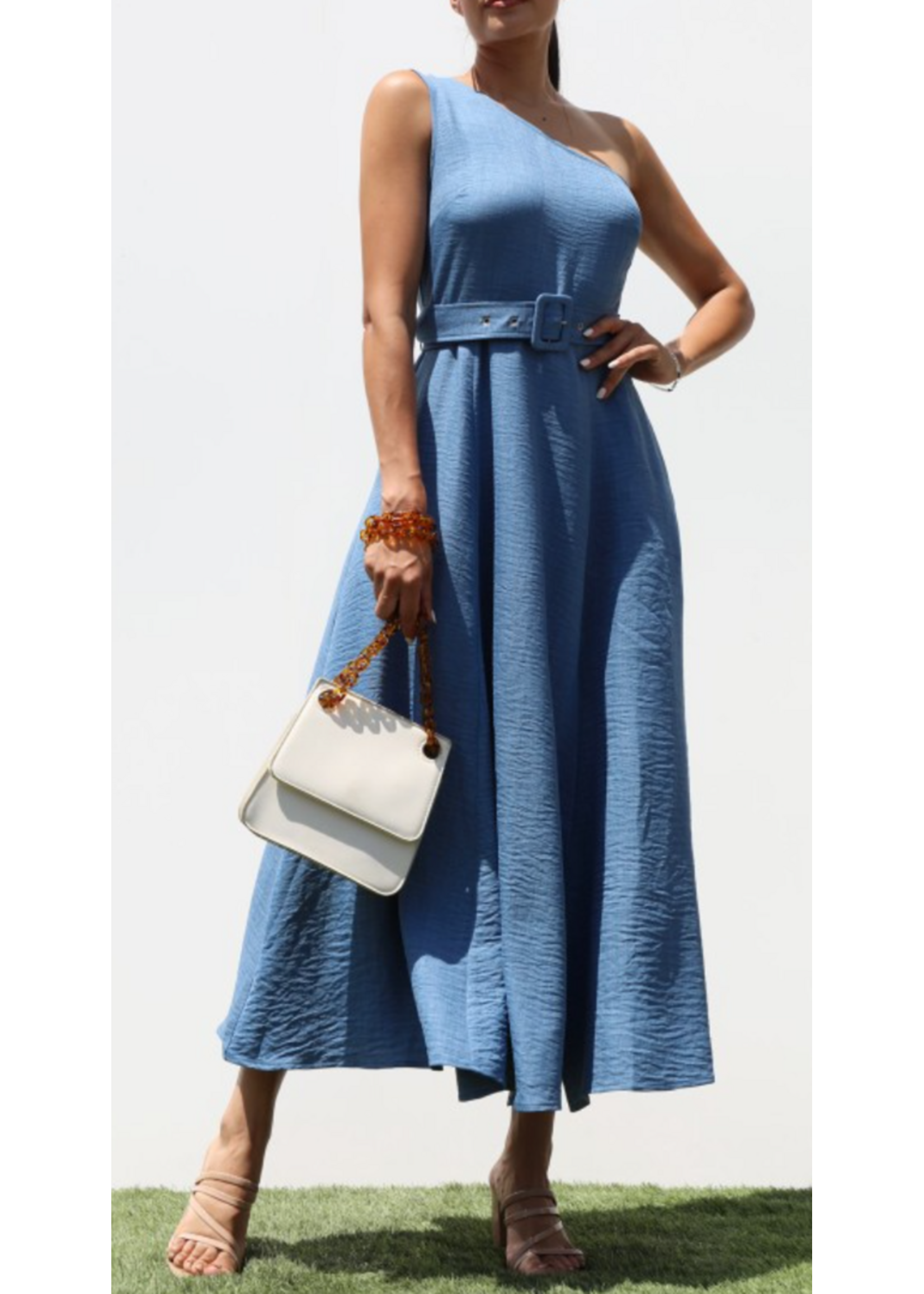 DDDD7988 - BELTED ONE SHOULDER FLARED MIDI DRESS