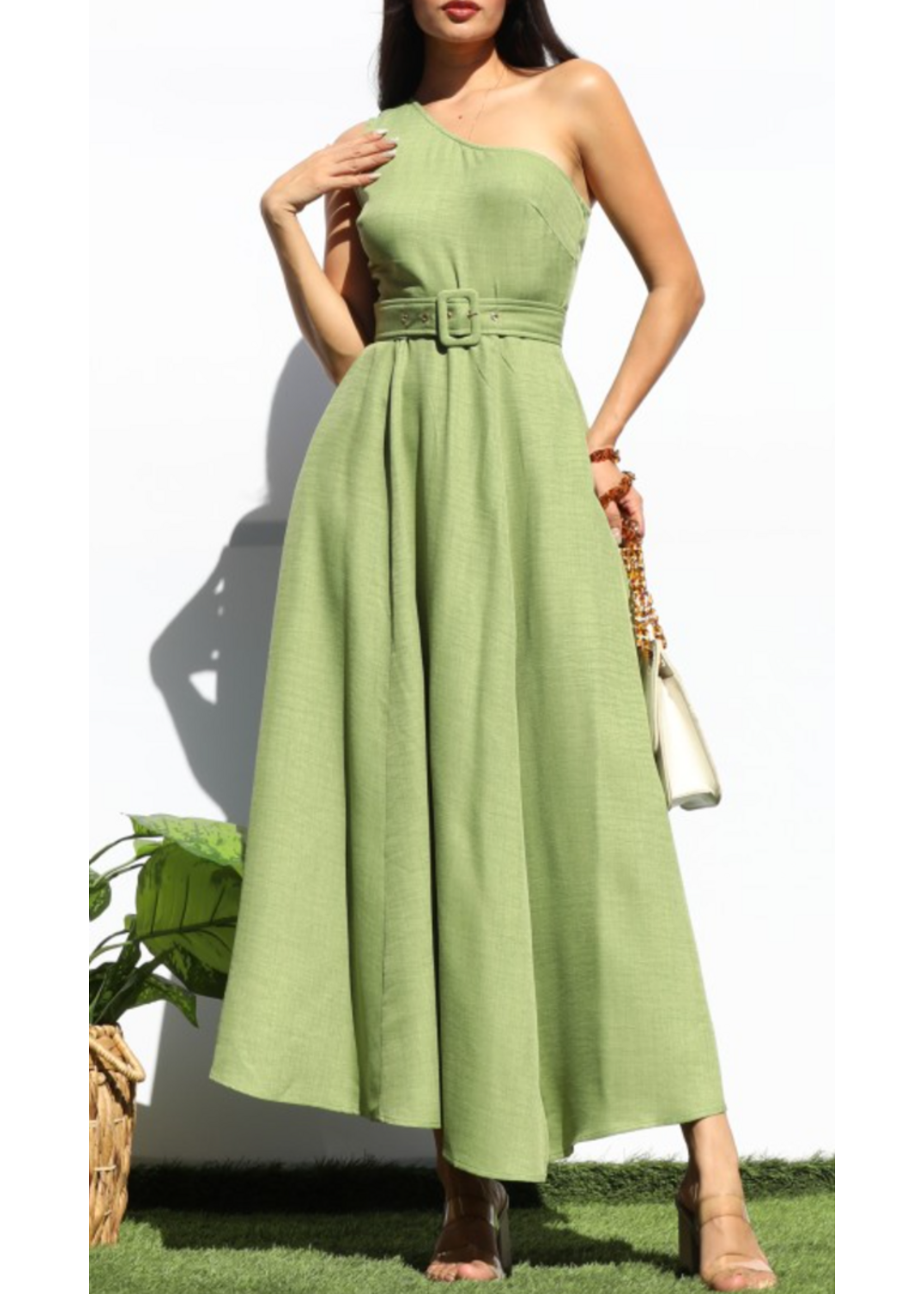 DDDD7988 - BELTED ONE SHOULDER FLARED MIDI DRESS