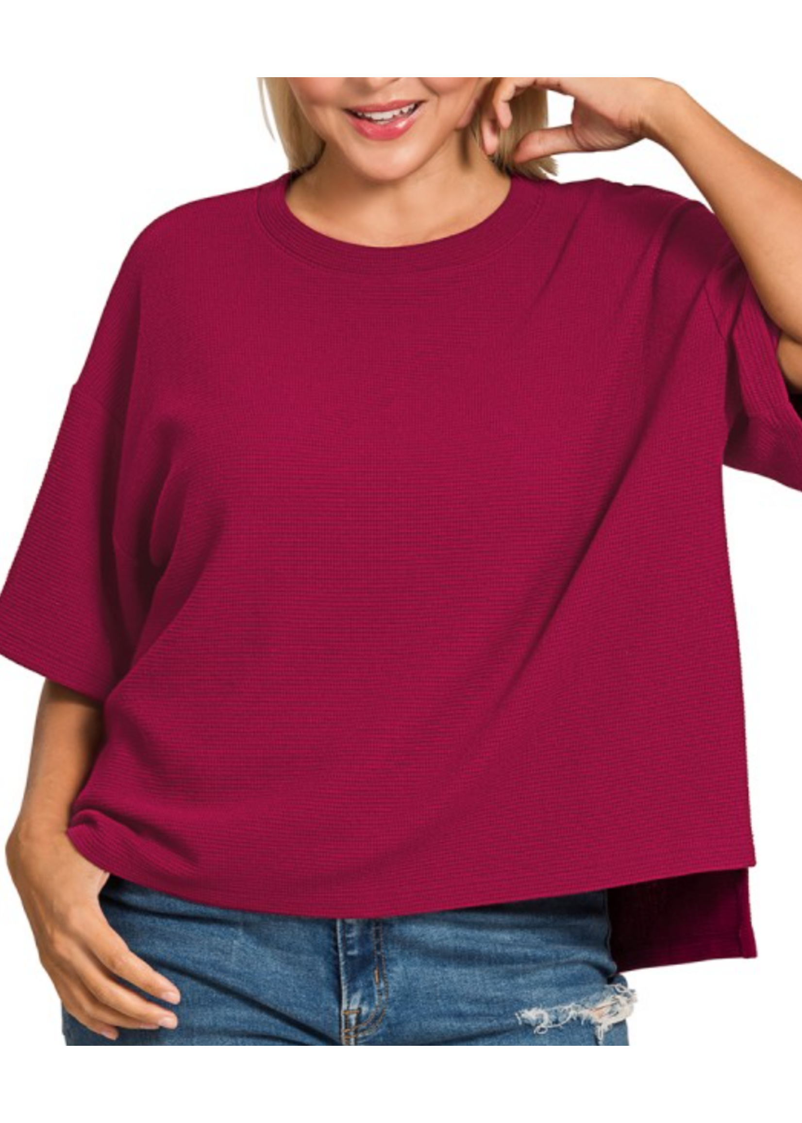 ZNHT2685X5 - Plus Double Knit Side Slits Hi Low Short Slv Top