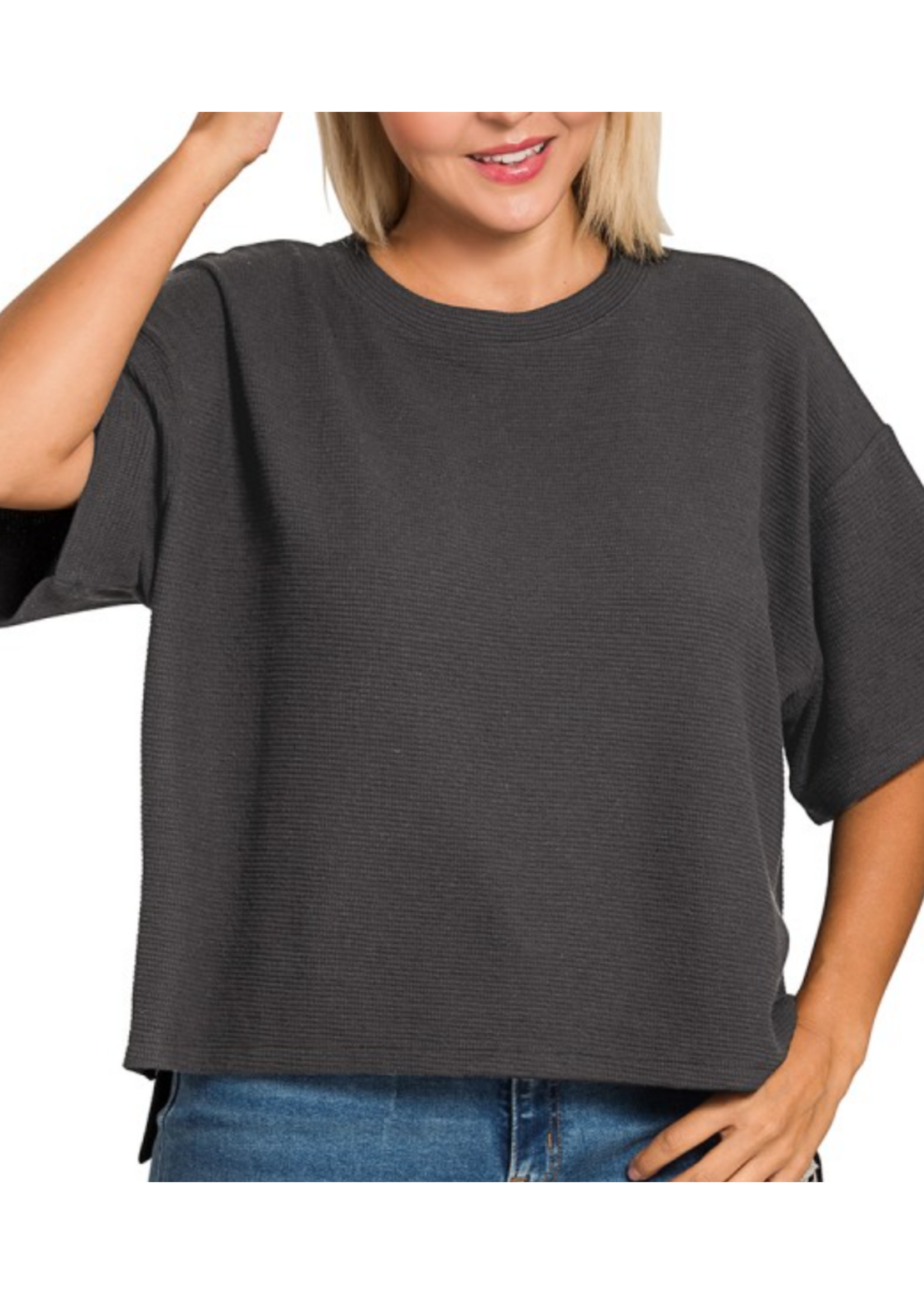 ZNHT2685X5 - Plus Double Knit Side Slits Hi Low Short Slv Top