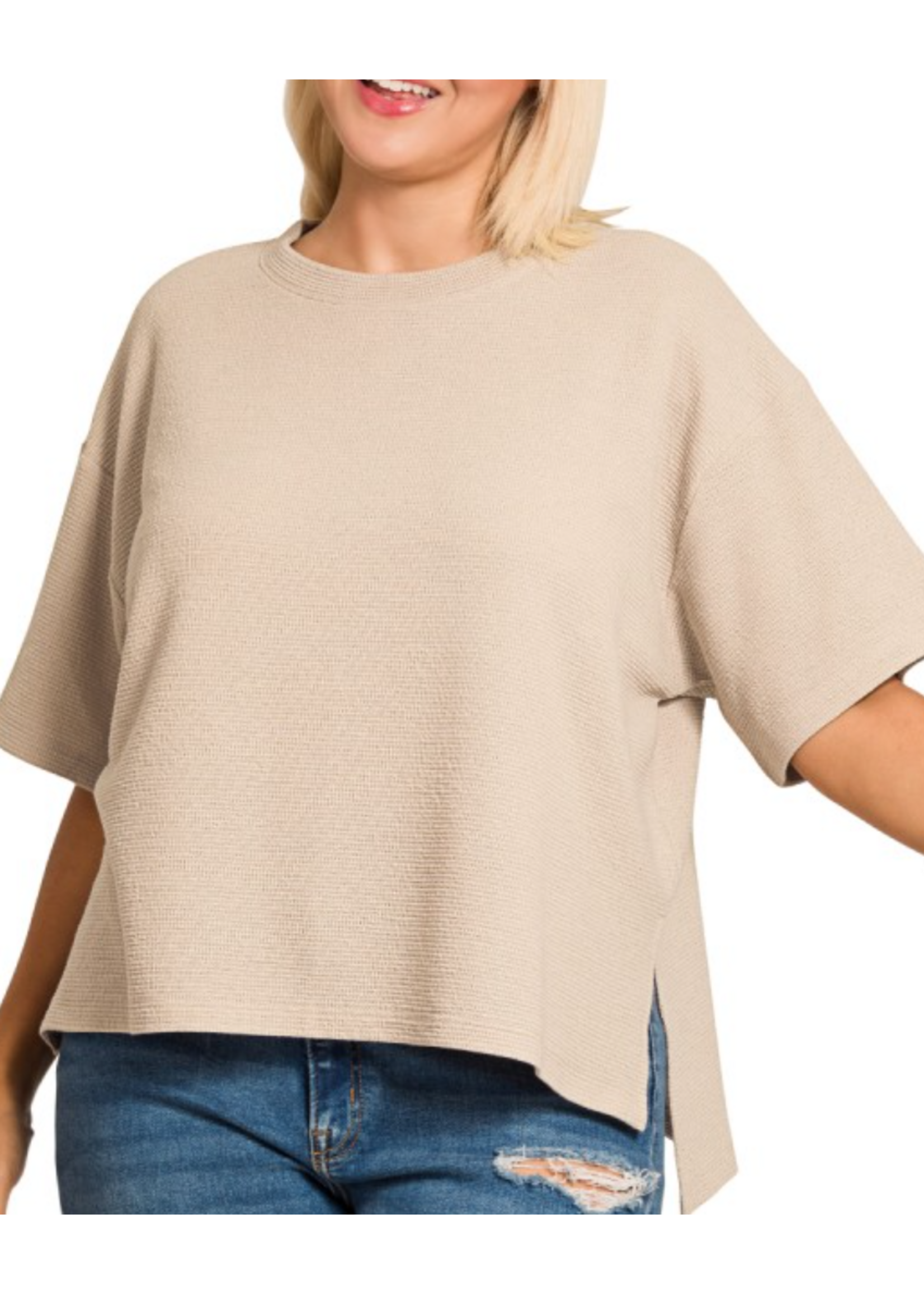 ZNHT2685X5 - Plus Double Knit Side Slits Hi Low Short Slv Top