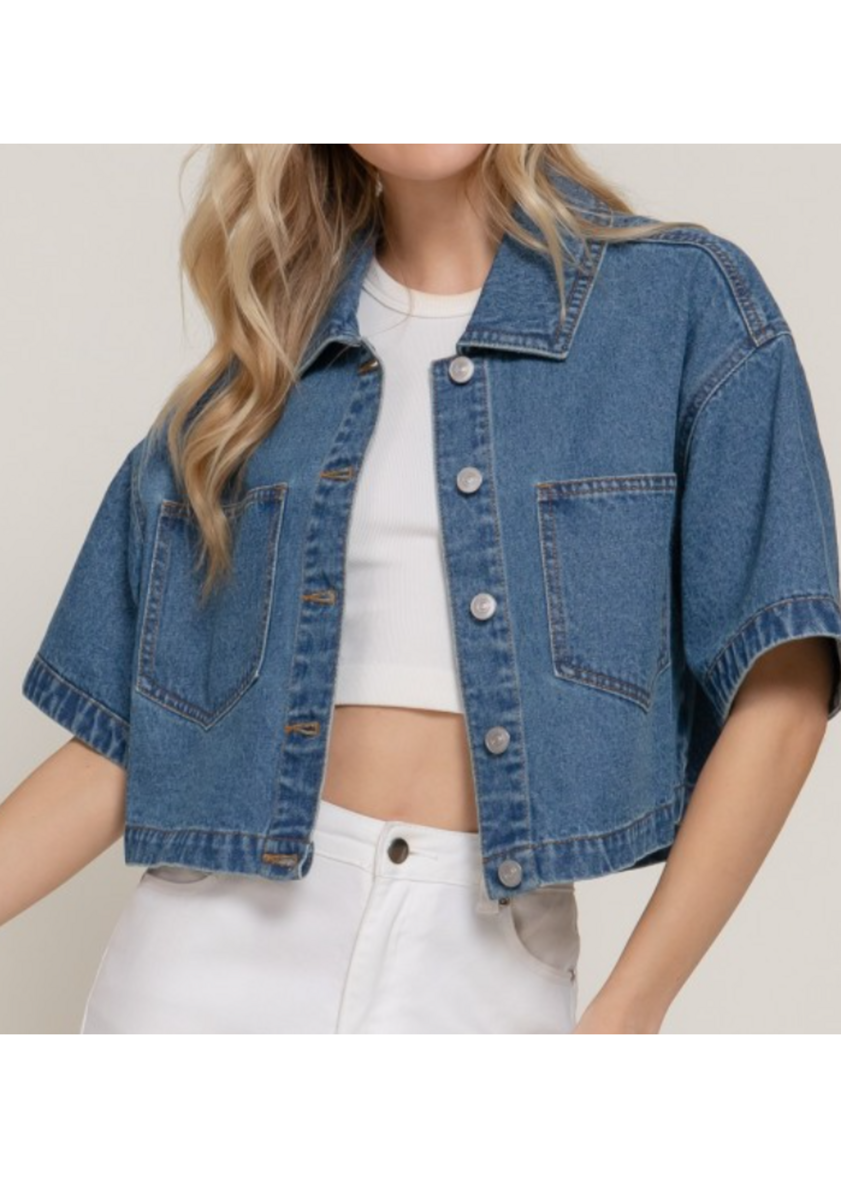 ACJ14363 - SHORT SLEEVE BOXY OVERSIZED CROP DENIM JACKET