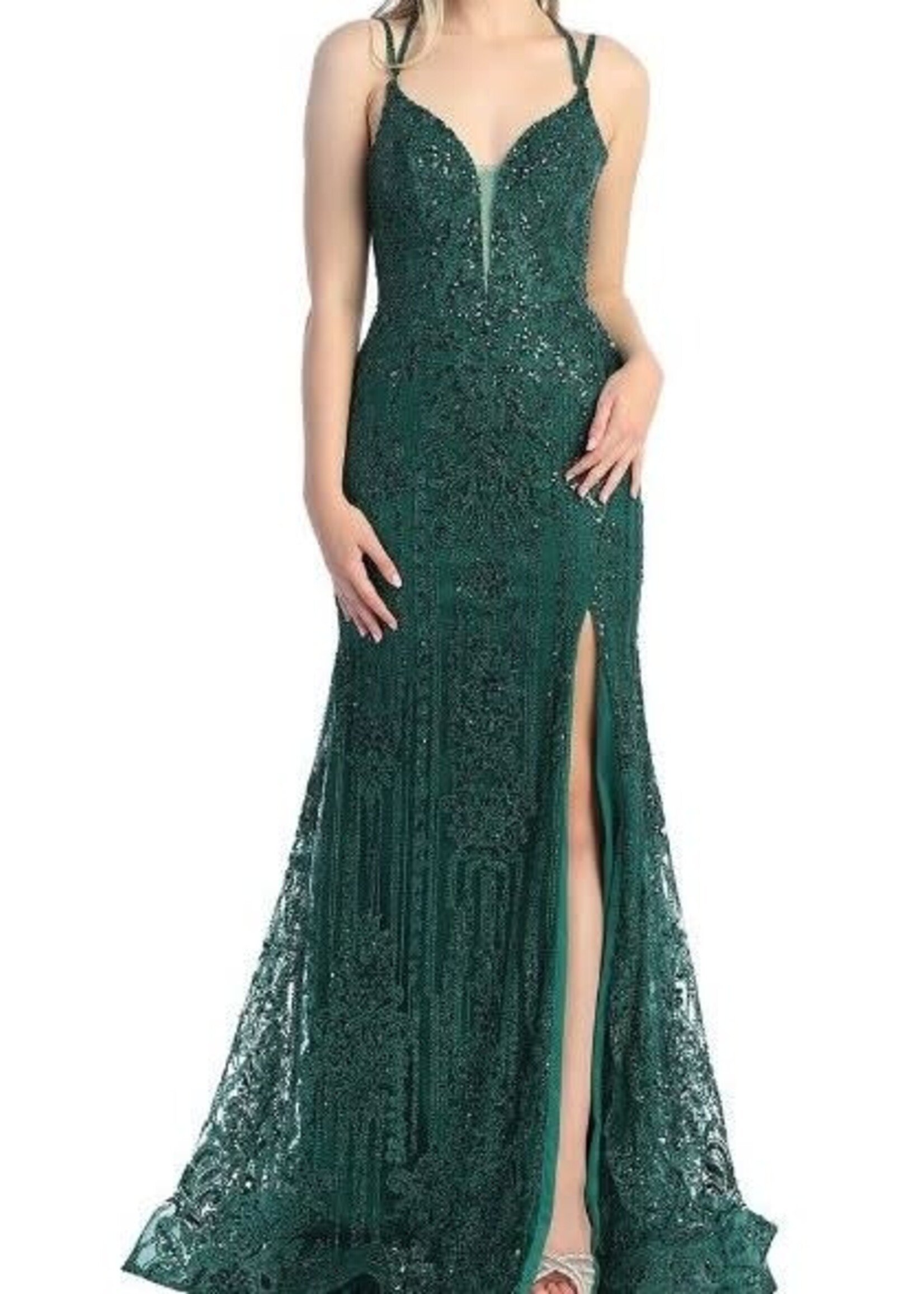 LT7747L-GLITTER PRINT FIT & FLARE GOWN W/BONED SHEER BODICE