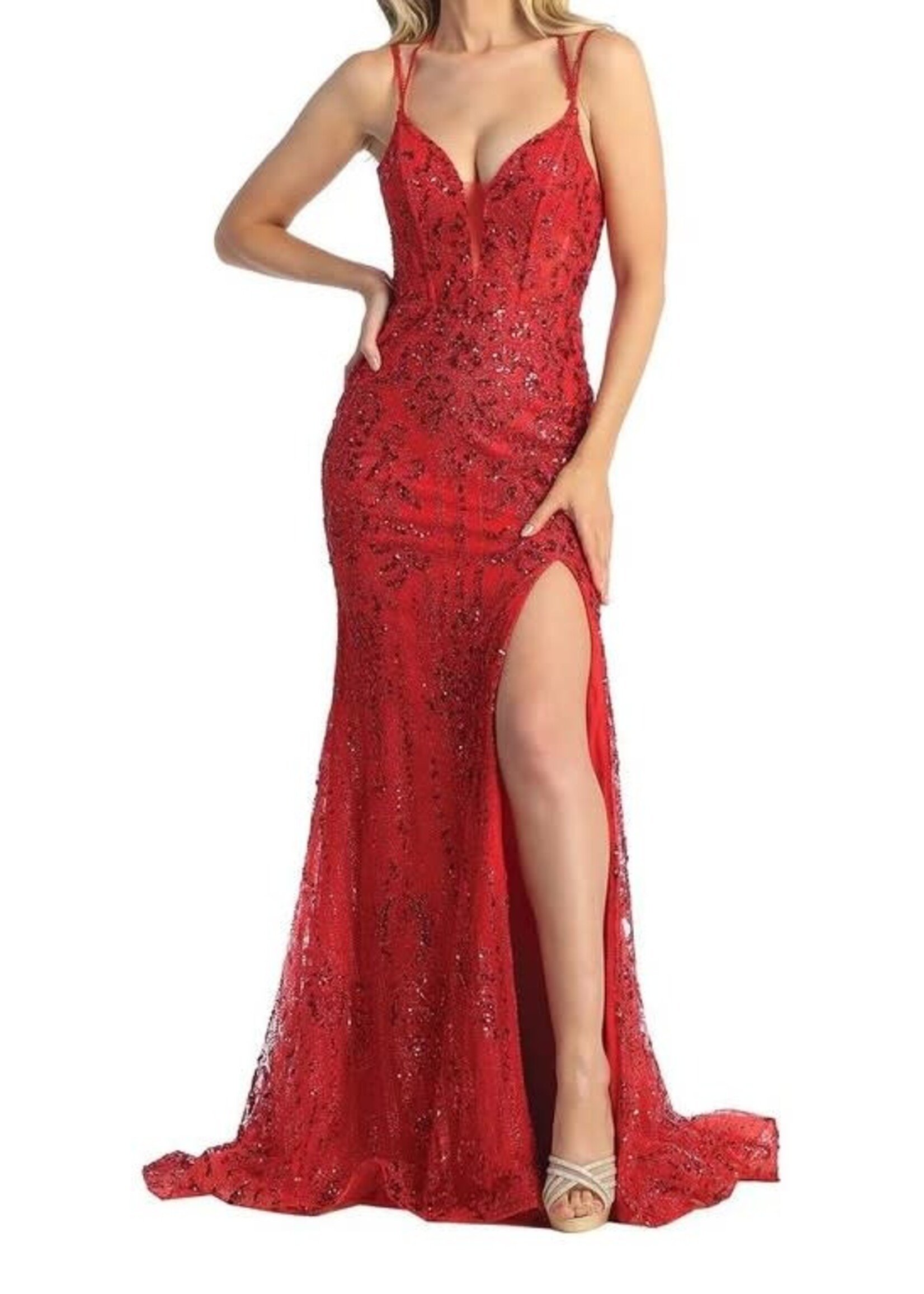 LT7747L-GLITTER PRINT FIT & FLARE GOWN W/BONED SHEER BODICE