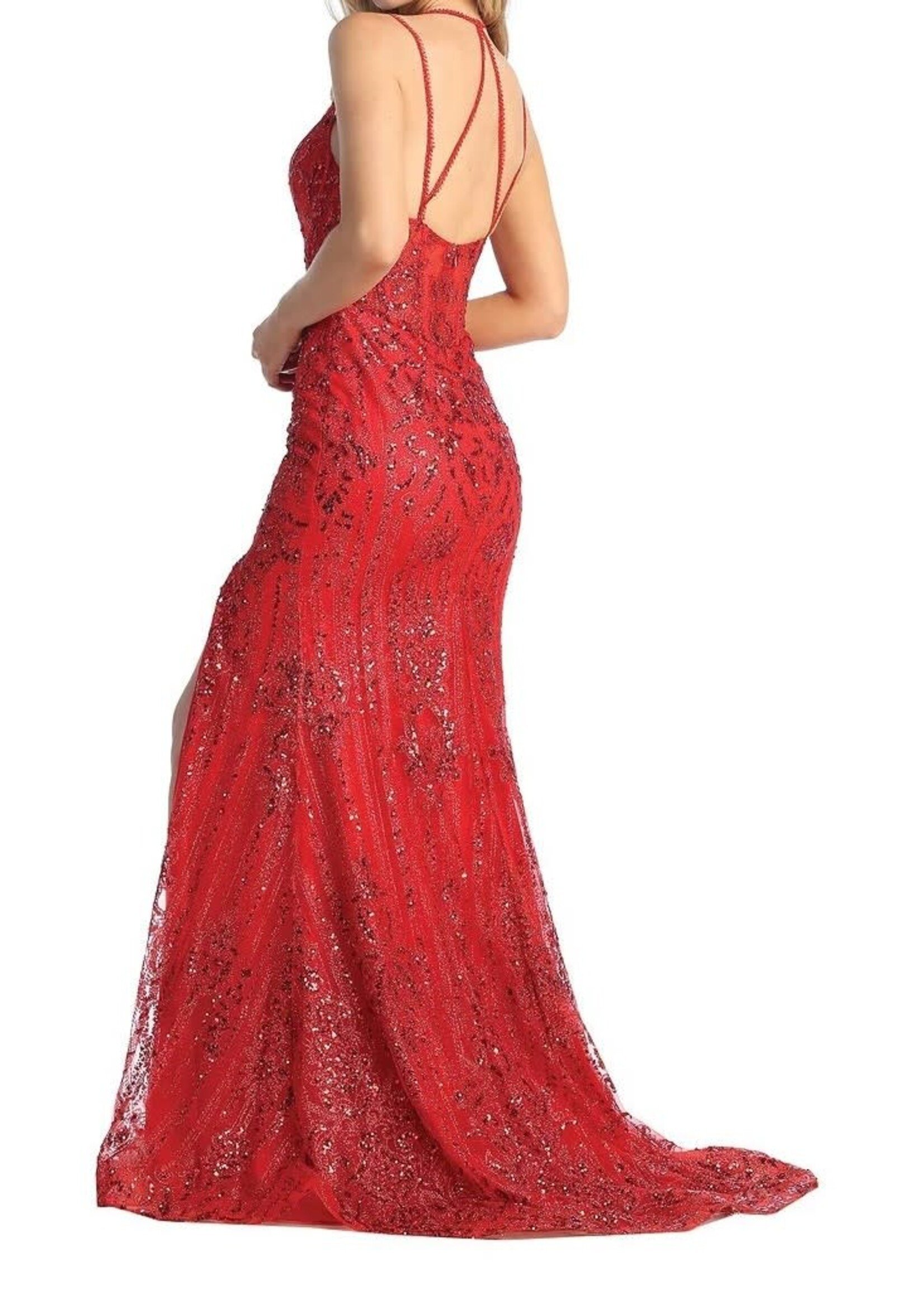 LT7747L-GLITTER PRINT FIT & FLARE GOWN W/BONED SHEER BODICE
