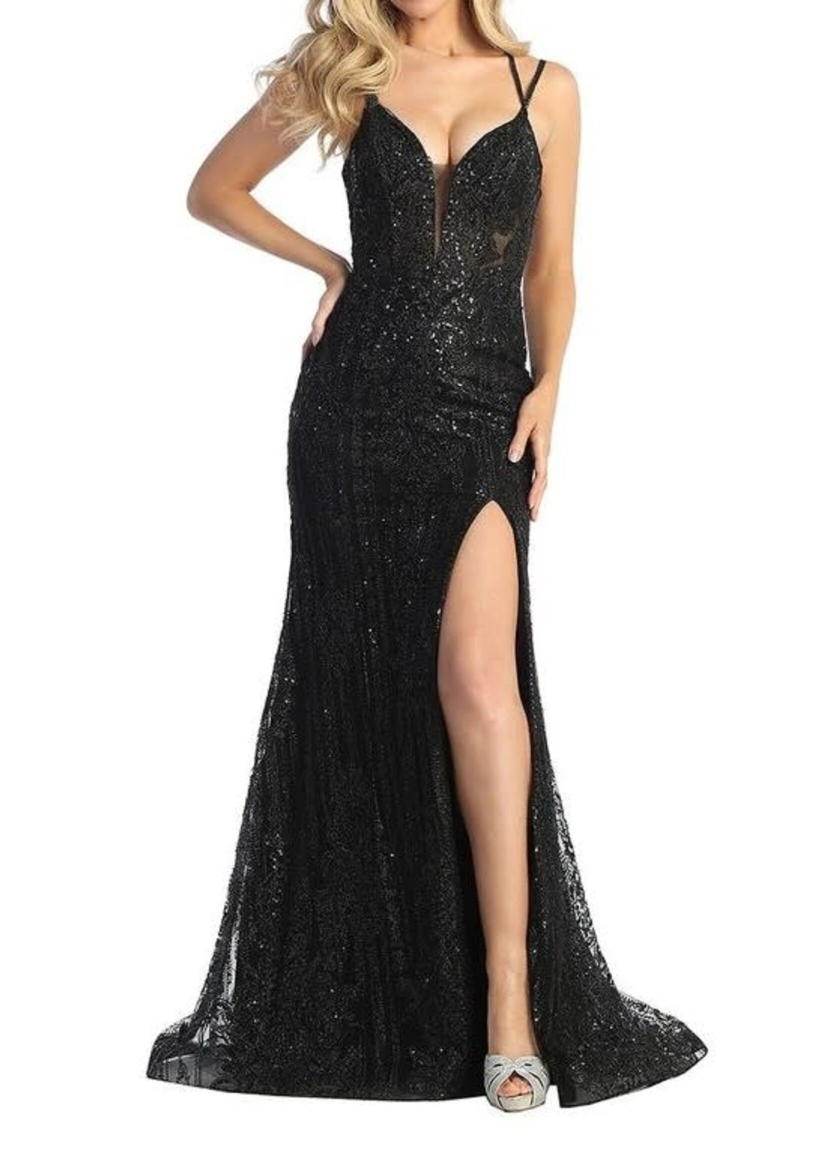 LT7747L-GLITTER PRINT FIT & FLARE GOWN W/BONED SHEER BODICE