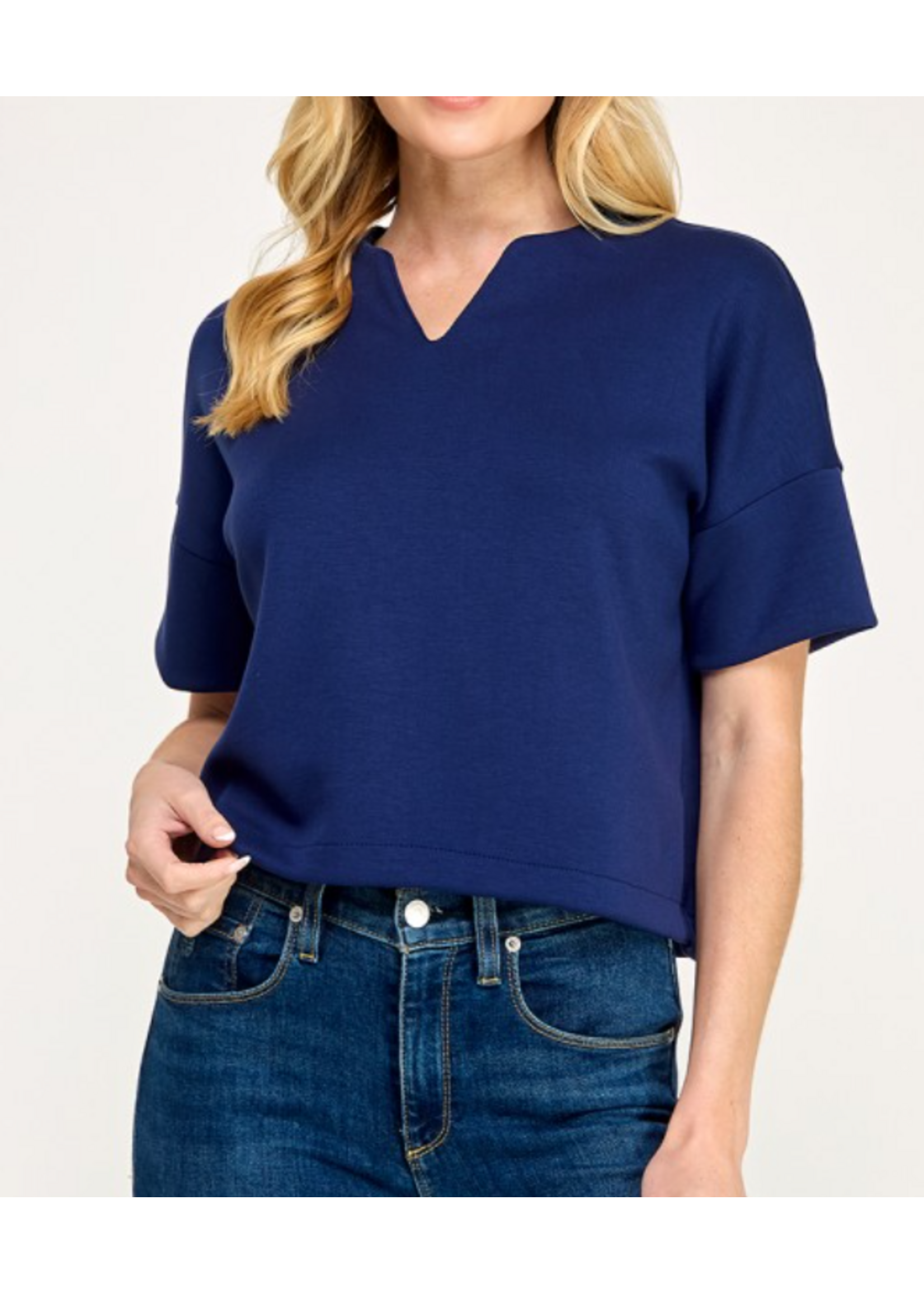 2HT4140 - SCUBA KNIT VNECK W DROP SHOULDER CROP TOP