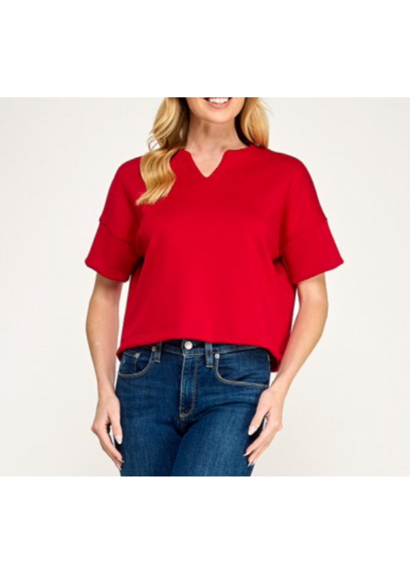 2HT4140 - SCUBA KNIT VNECK W DROP SHOULDER CROP TOP