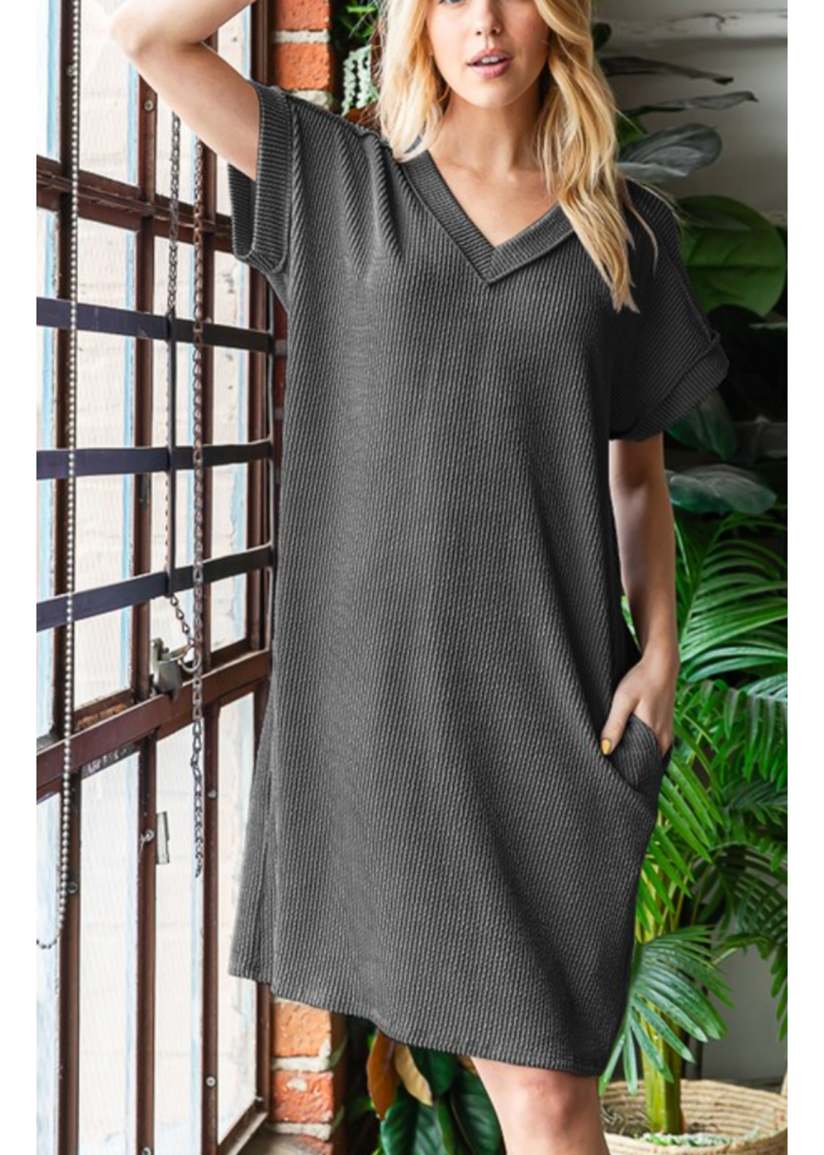 HHED68486- SOLID URBAN RIBBED SHIFT DRESS