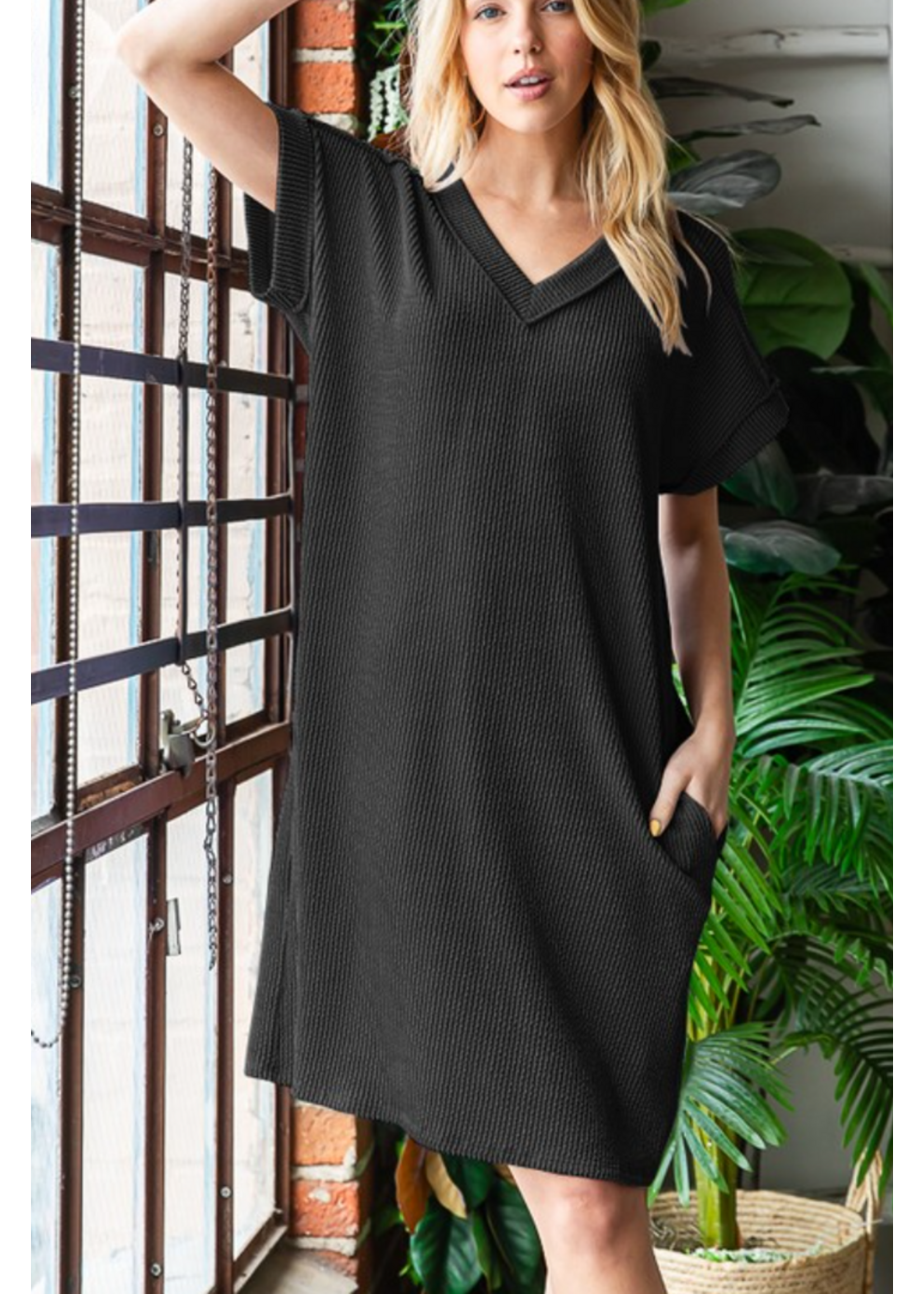 HHED68486- SOLID URBAN RIBBED SHIFT DRESS