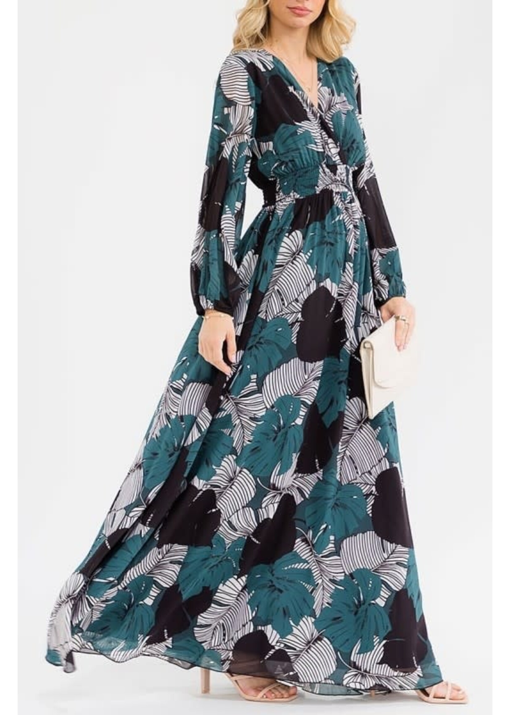 RSRIWT6259-3 LONG SLEEVE VNECK SMOCK WAIST FLORAL MAXI DRESS